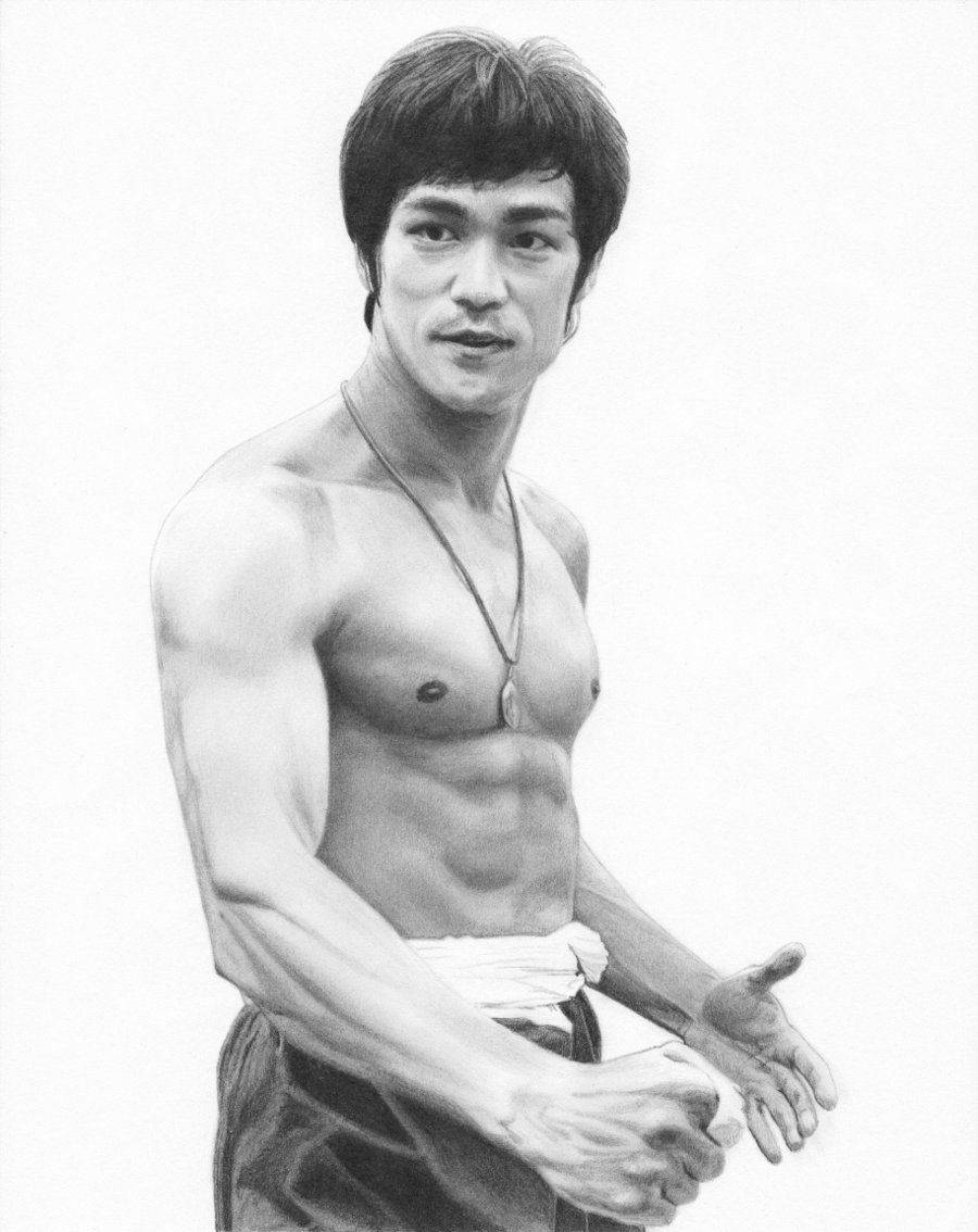 Bruce Lee, pencil drawing, martial arts stance, SD Phone Wallpaper