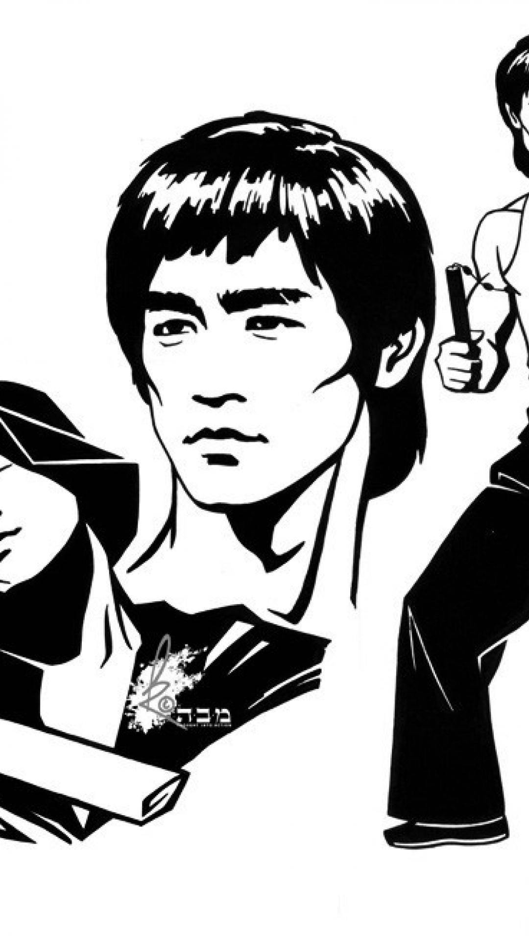 Bruce Lee, black and white illustration, dynamic martial arts poses, Full HD Phone Wallpaper