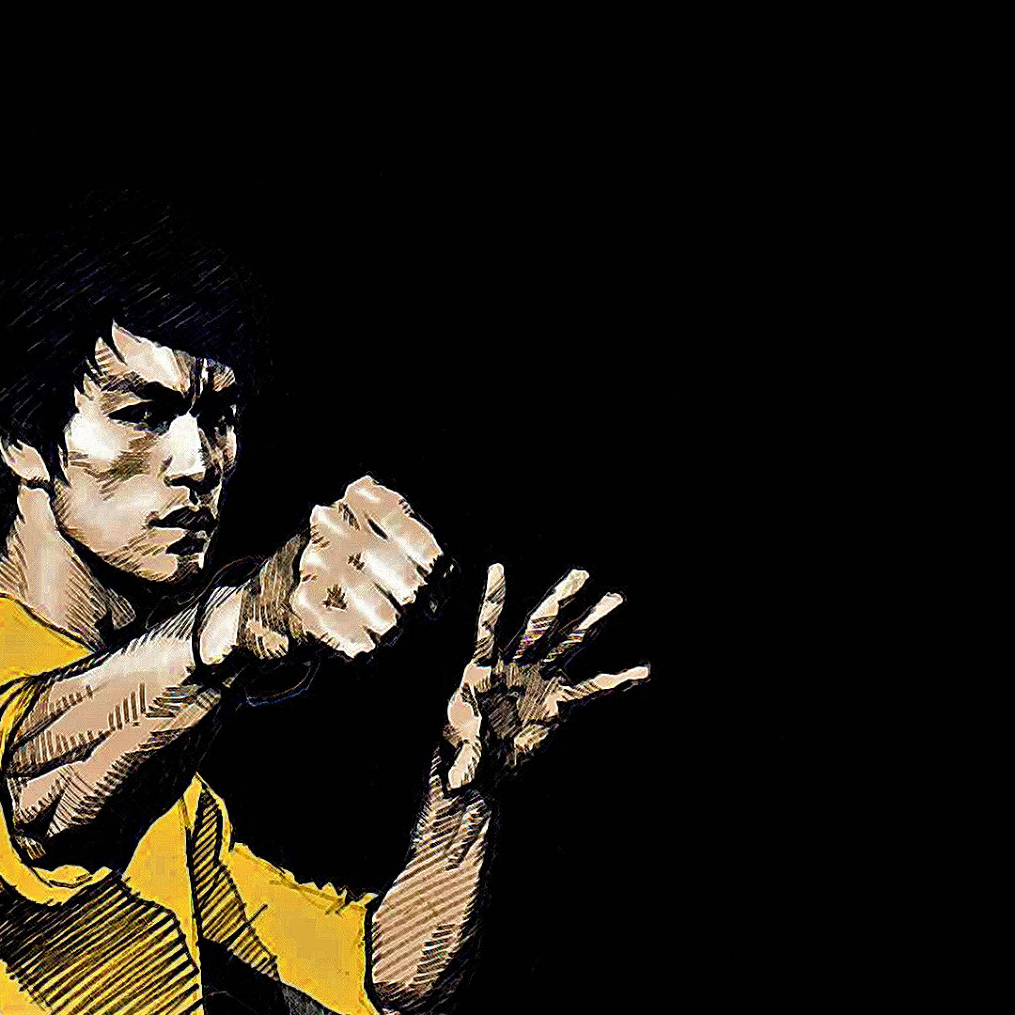 Bruce Lee, martial arts pose, stark black background, Full HD Desktop Wallpaper