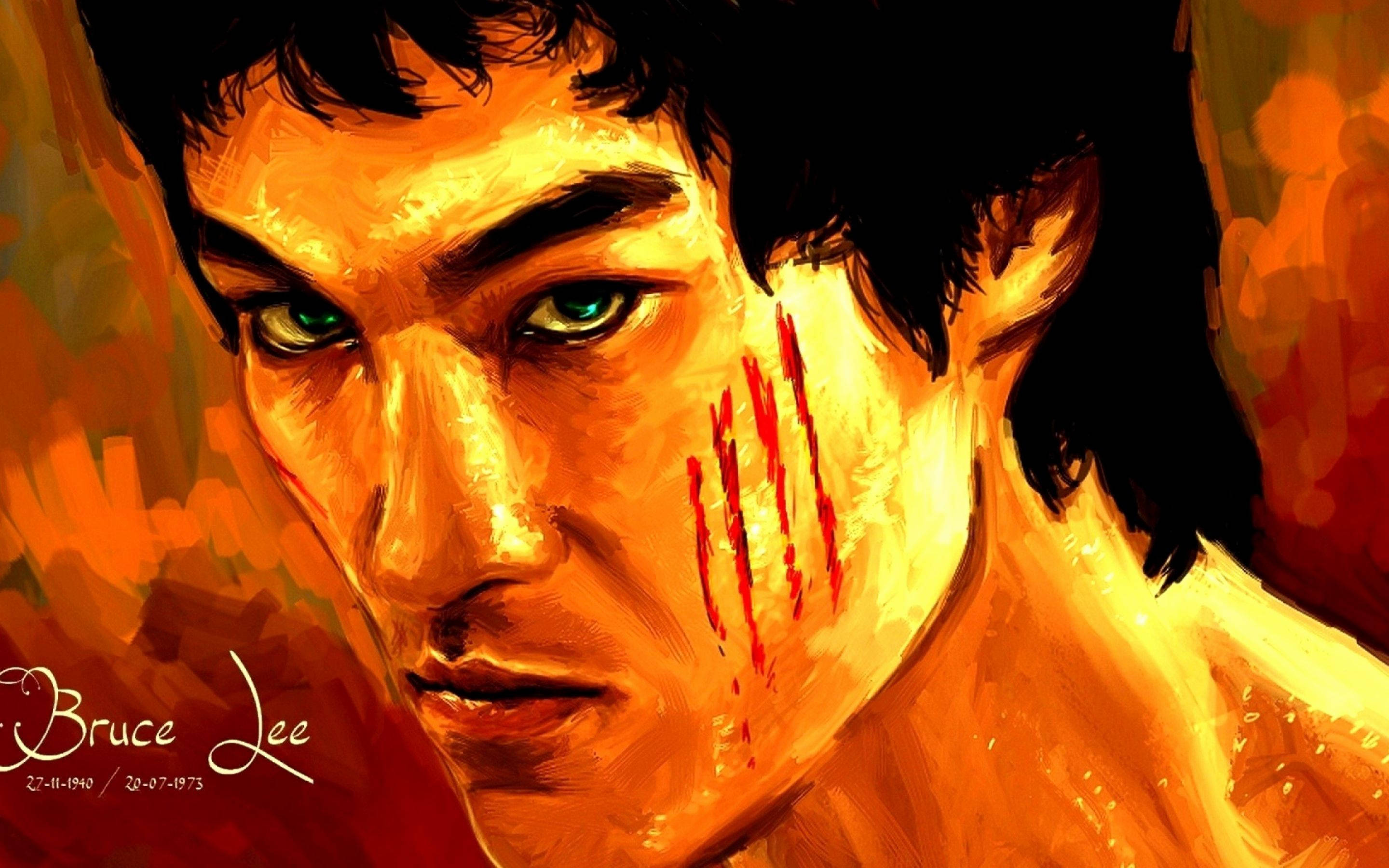 Bruce Lee, glowing green eyes, blood streaks on his cheek, 2K Desktop Wallpaper