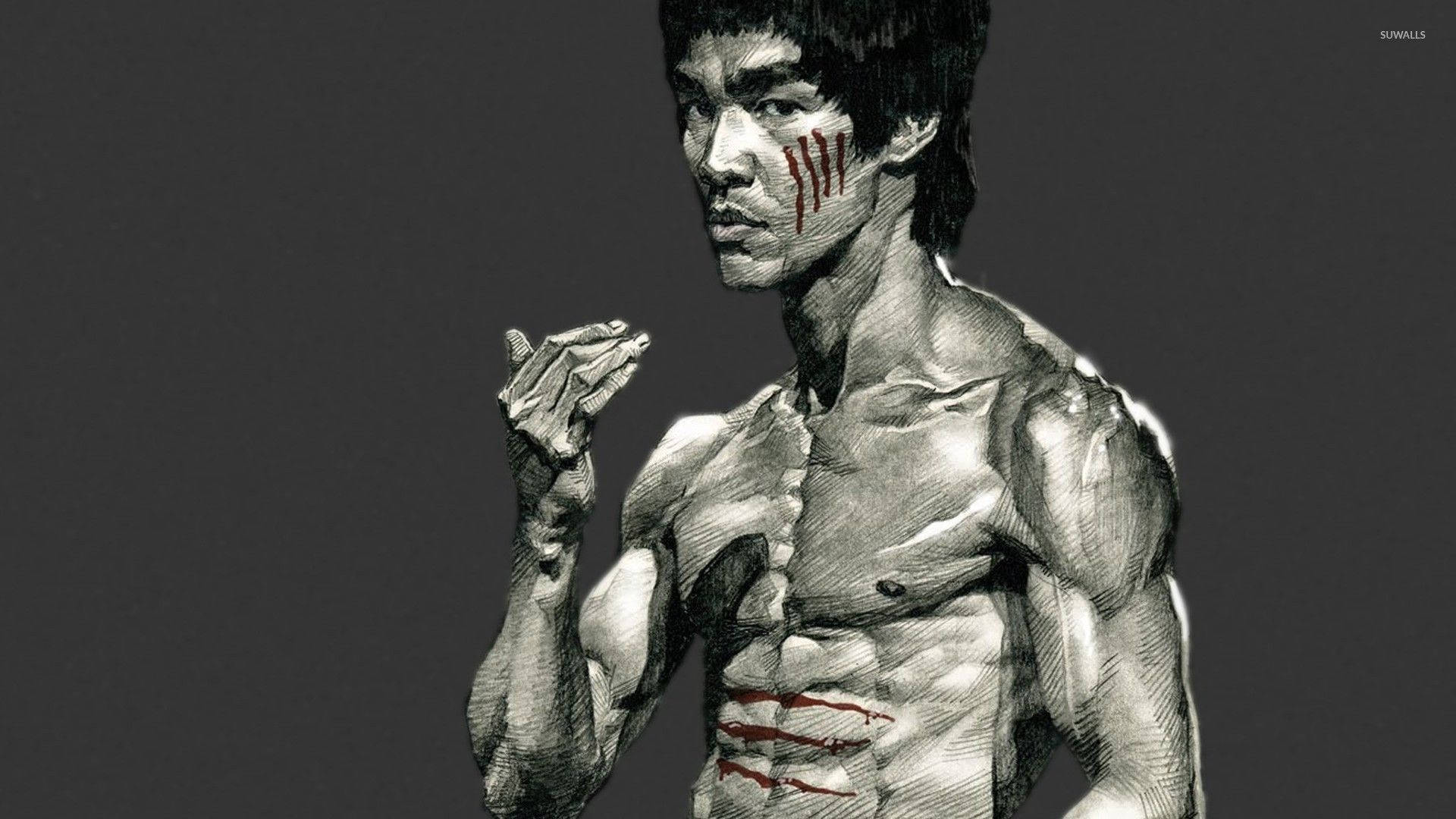 Bruce Lee, greyscale paint art, fighting stance, Full HD Desktop Wallpaper