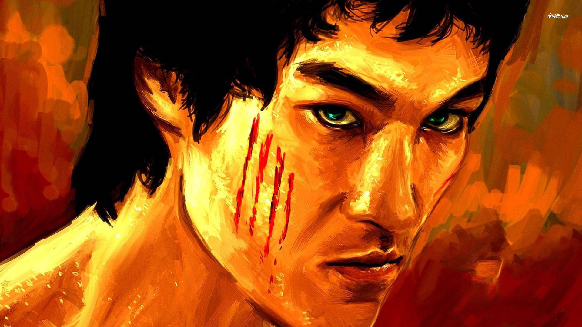Bruce Lee, green eyes, blood streaks, Full HD Desktop Wallpaper