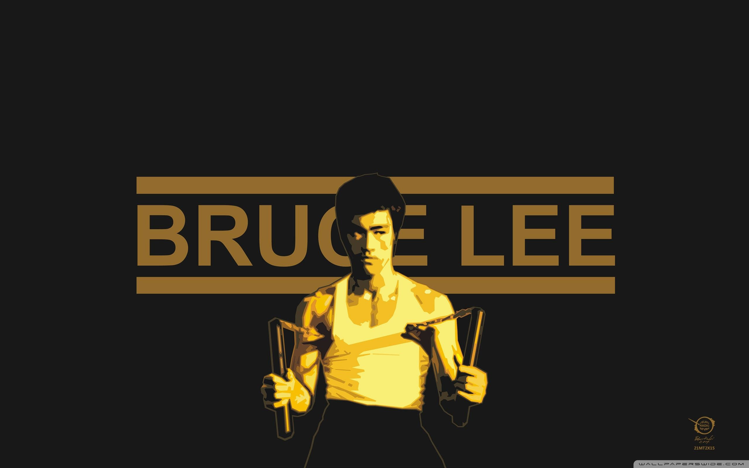 Bruce Lee, yellow silhouette, nunchaku, 2K Desktop Wallpaper
