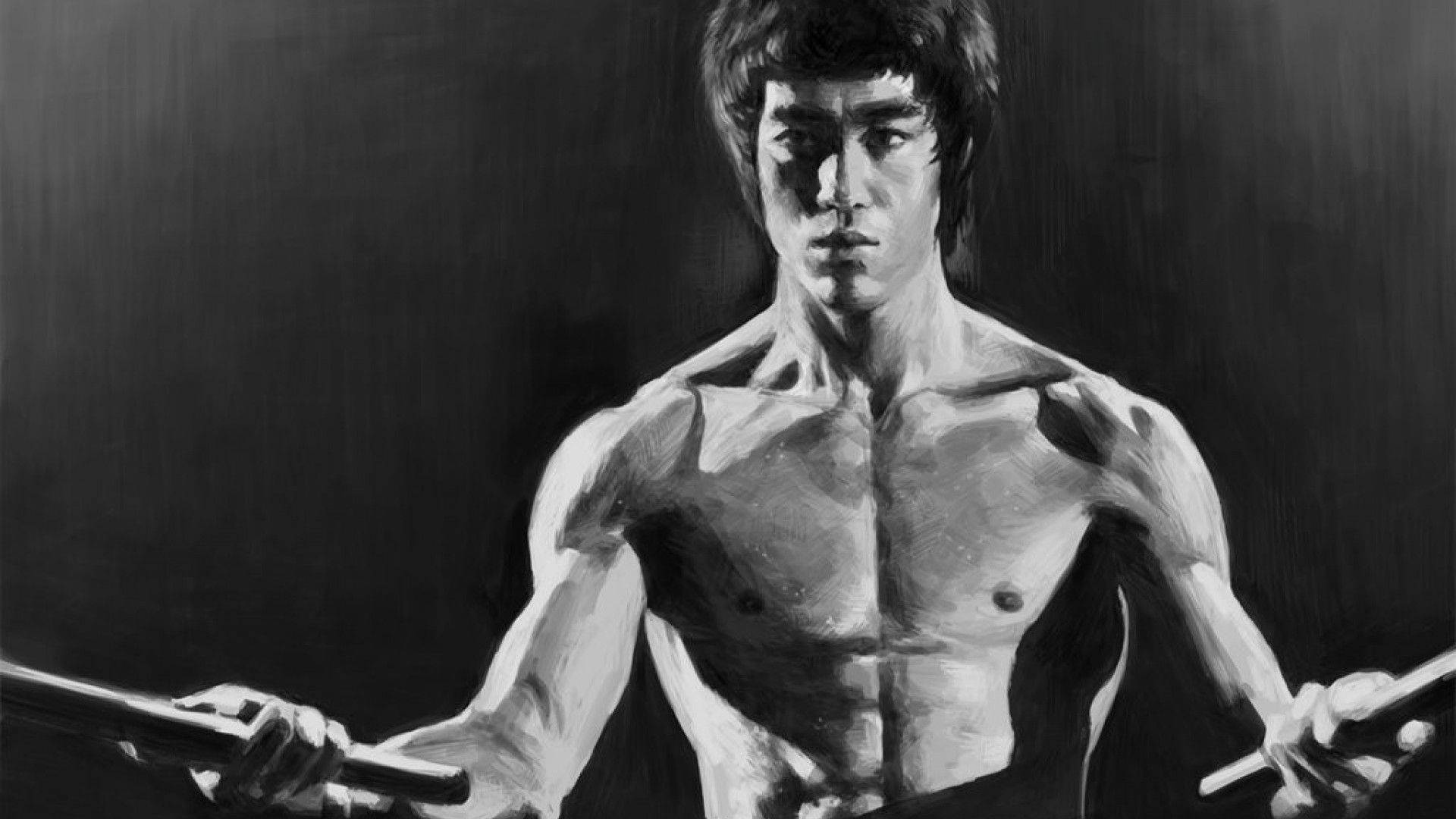 Bruce Lee, nunchaku, black and white oil painting, Full HD Desktop Wallpaper