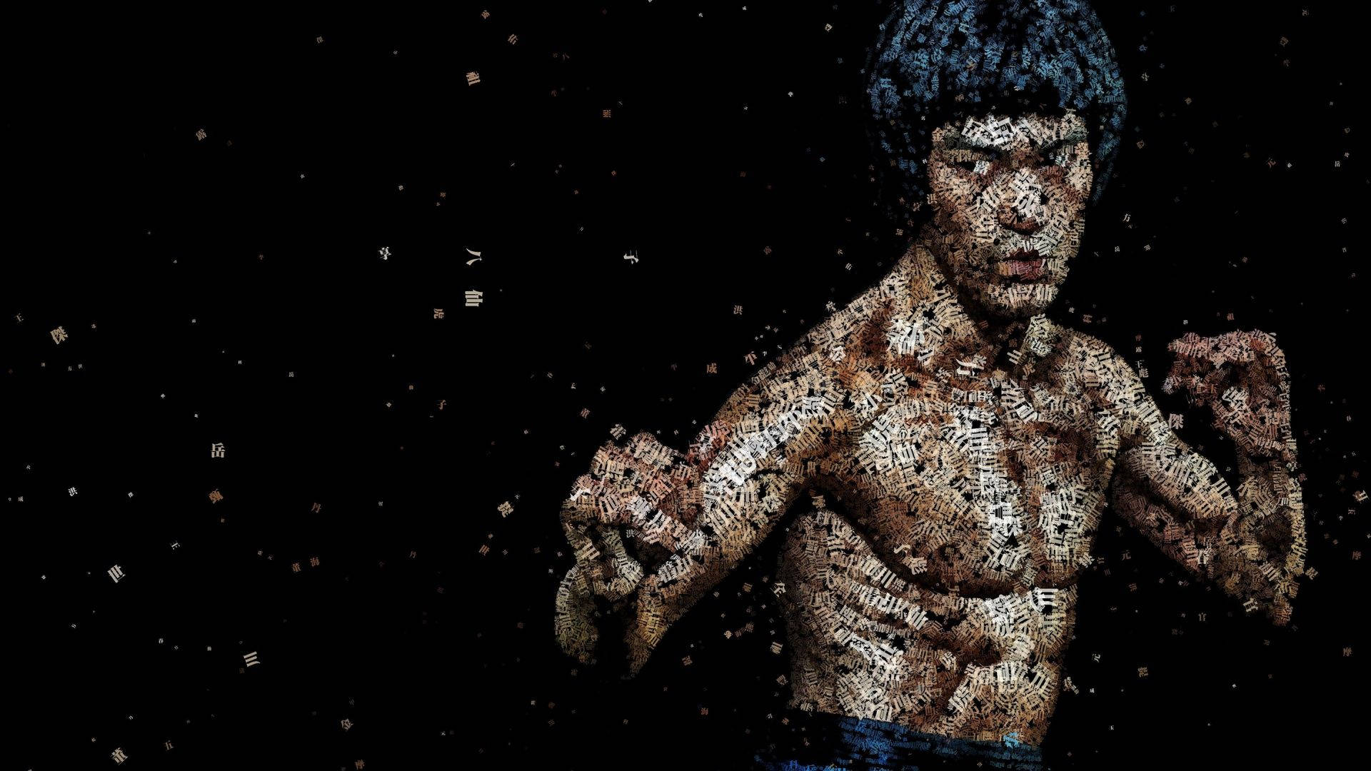 Bruce Lee, Chinese characters, martial arts stance, Full HD Desktop Wallpaper