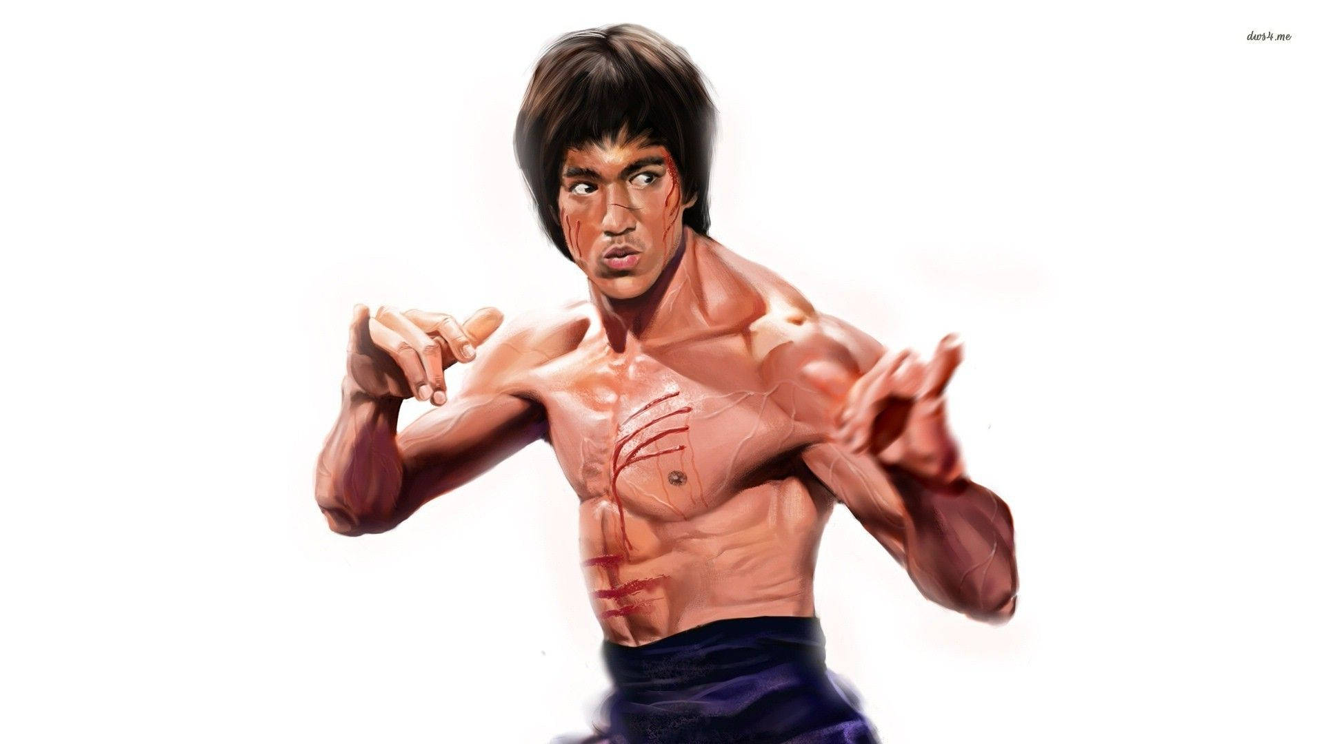 Bruce Lee, dynamic martial arts stance, visible wounds, Full HD Desktop Wallpaper
