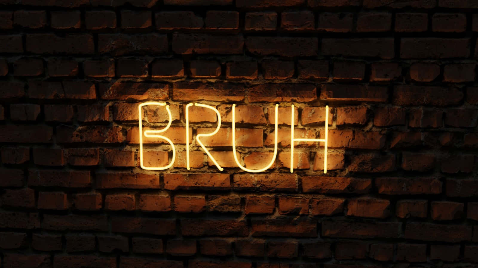 BRUH, yellow neon lights, dark textured brick wall, HD Desktop Wallpaper