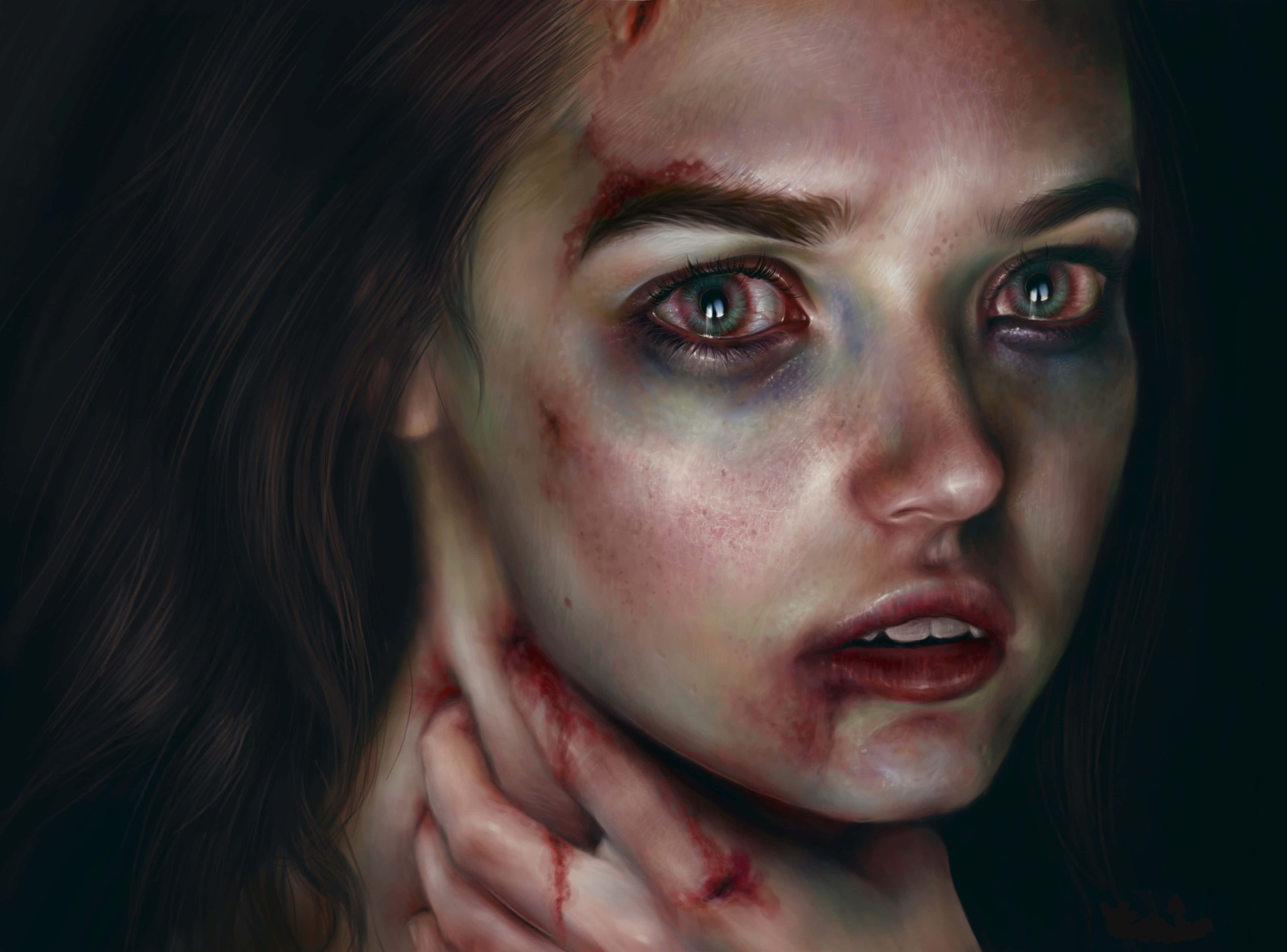 Bruised With Eyes Open, pale woman, bloodied face, 4K Desktop Wallpaper