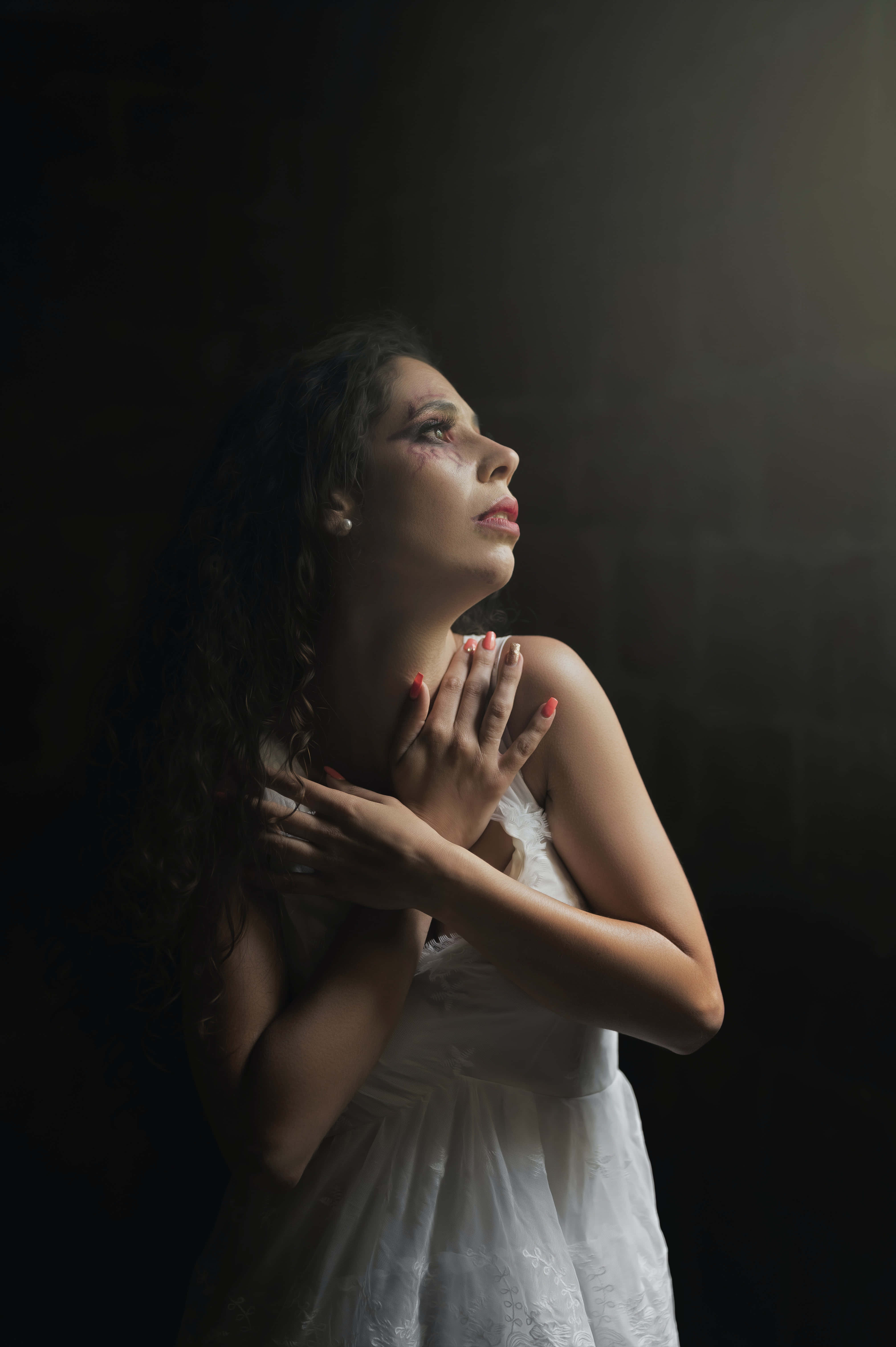 bruised girl, white dress, dramatic light, 5K Phone Wallpaper