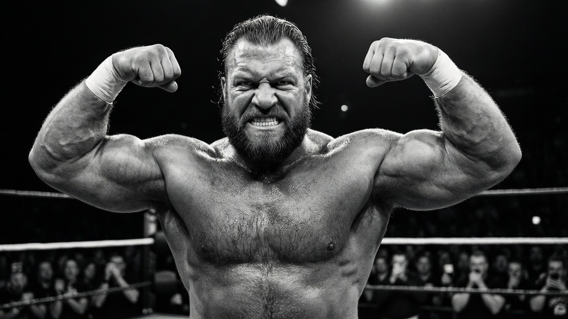 Bruiser Brody, black and white portrait, flexing, Full HD Desktop Wallpaper