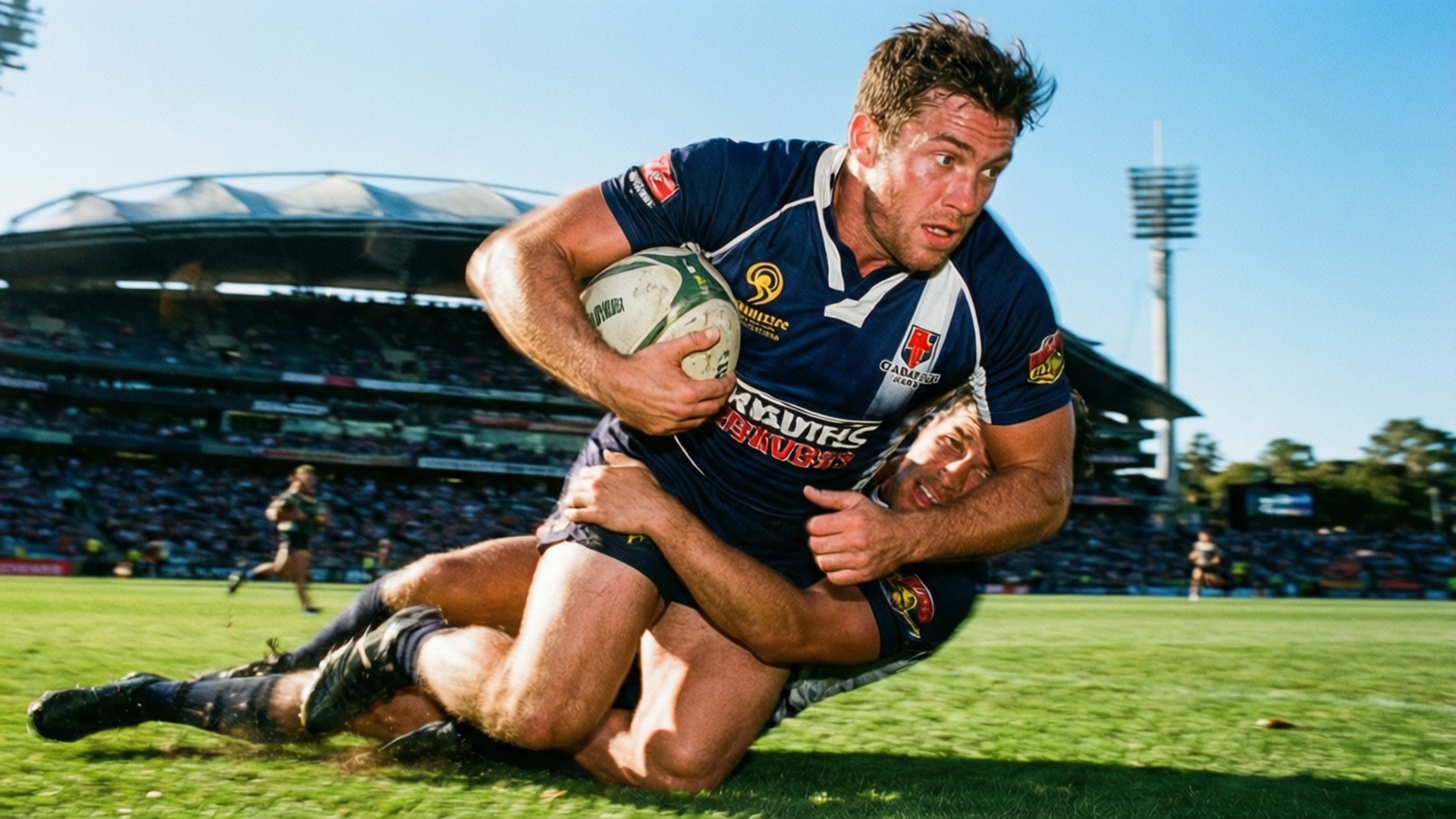 Brumbies, blue jersey, tackled to the grass, Full HD Desktop Wallpaper