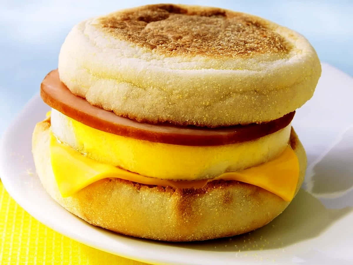 English muffin, ham cheese and egg, white plate, SD Desktop Wallpaper