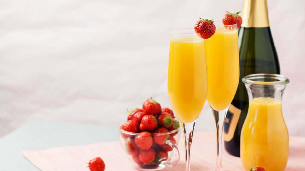 champagne flutes, orange mimosas, fresh strawberries, HD Desktop Wallpaper