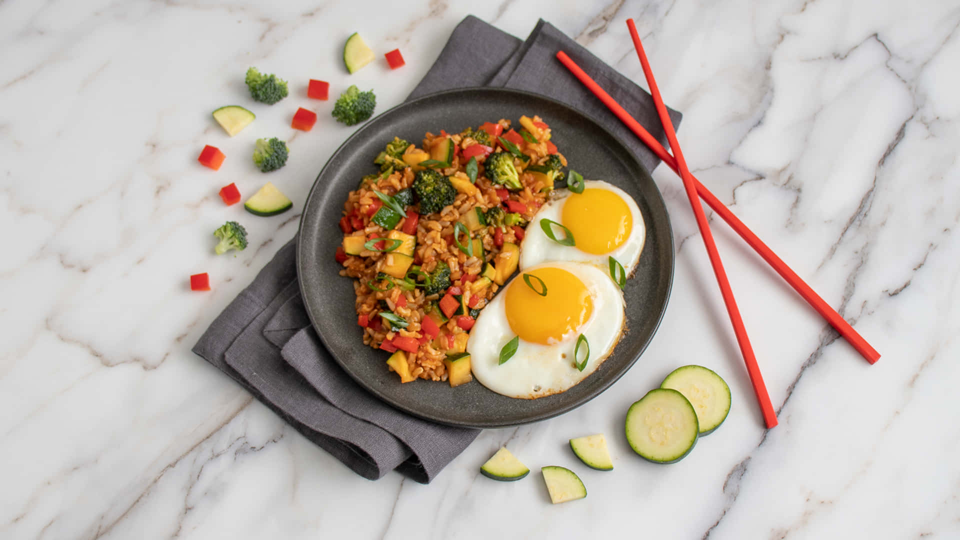 vegetable fried rice, sunny-side-up eggs, marble surface, Full HD Desktop Wallpaper