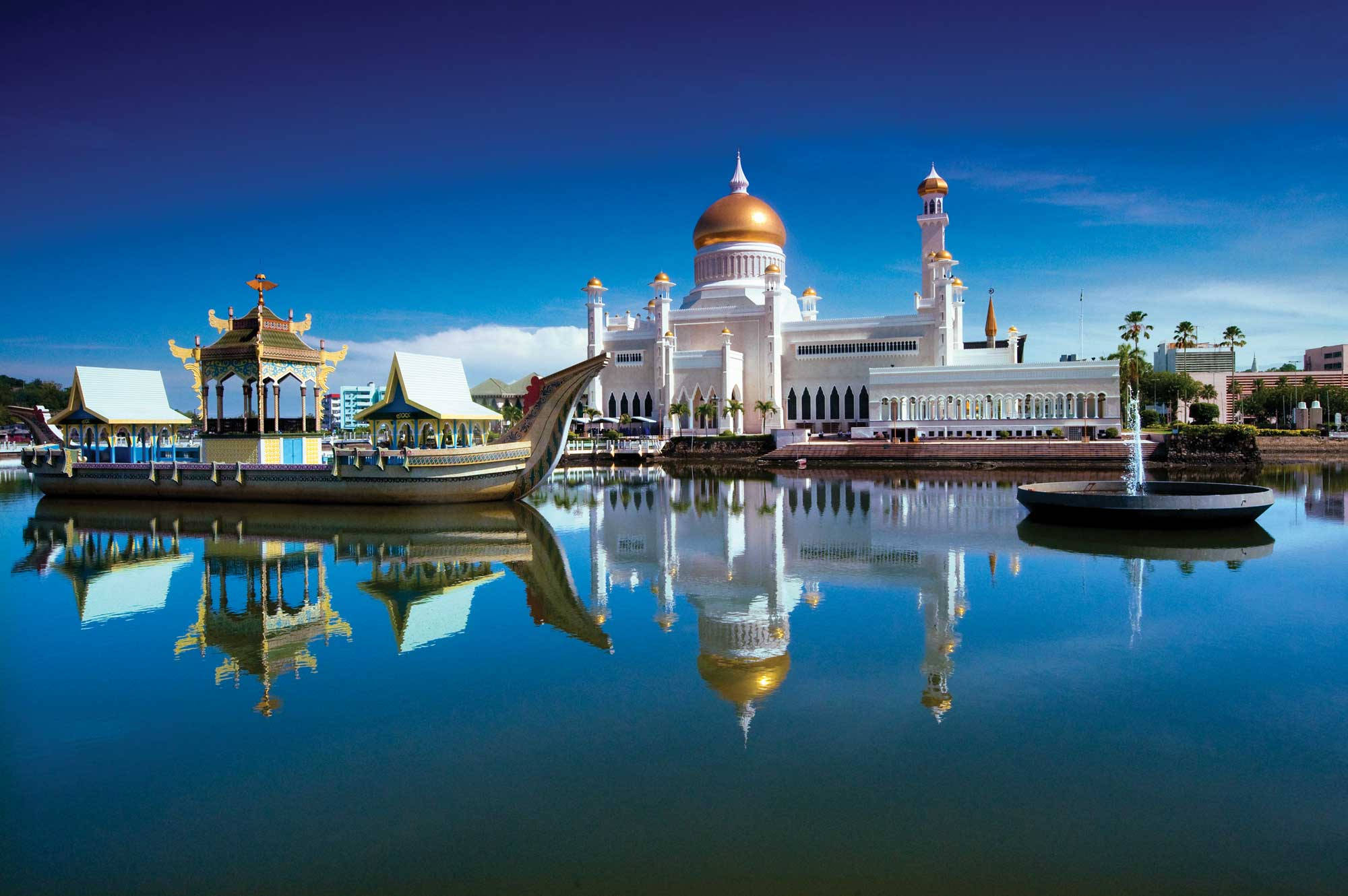 Brunei, white mosque, golden domes, Full HD Desktop Wallpaper
