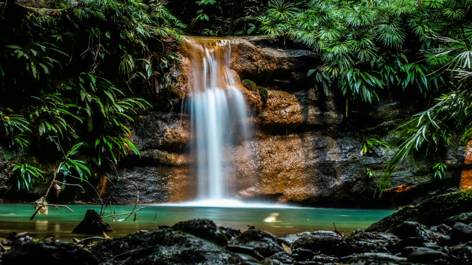 Brunei, rainforest, tropical waterfall, HD Desktop Wallpaper