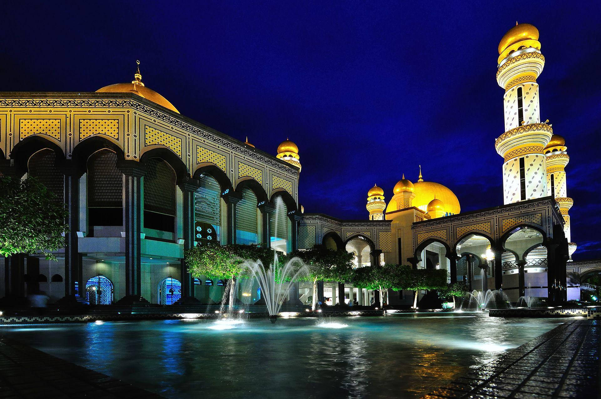 majestic fountain, Brunei, illuminated mosque, Full HD Desktop Wallpaper