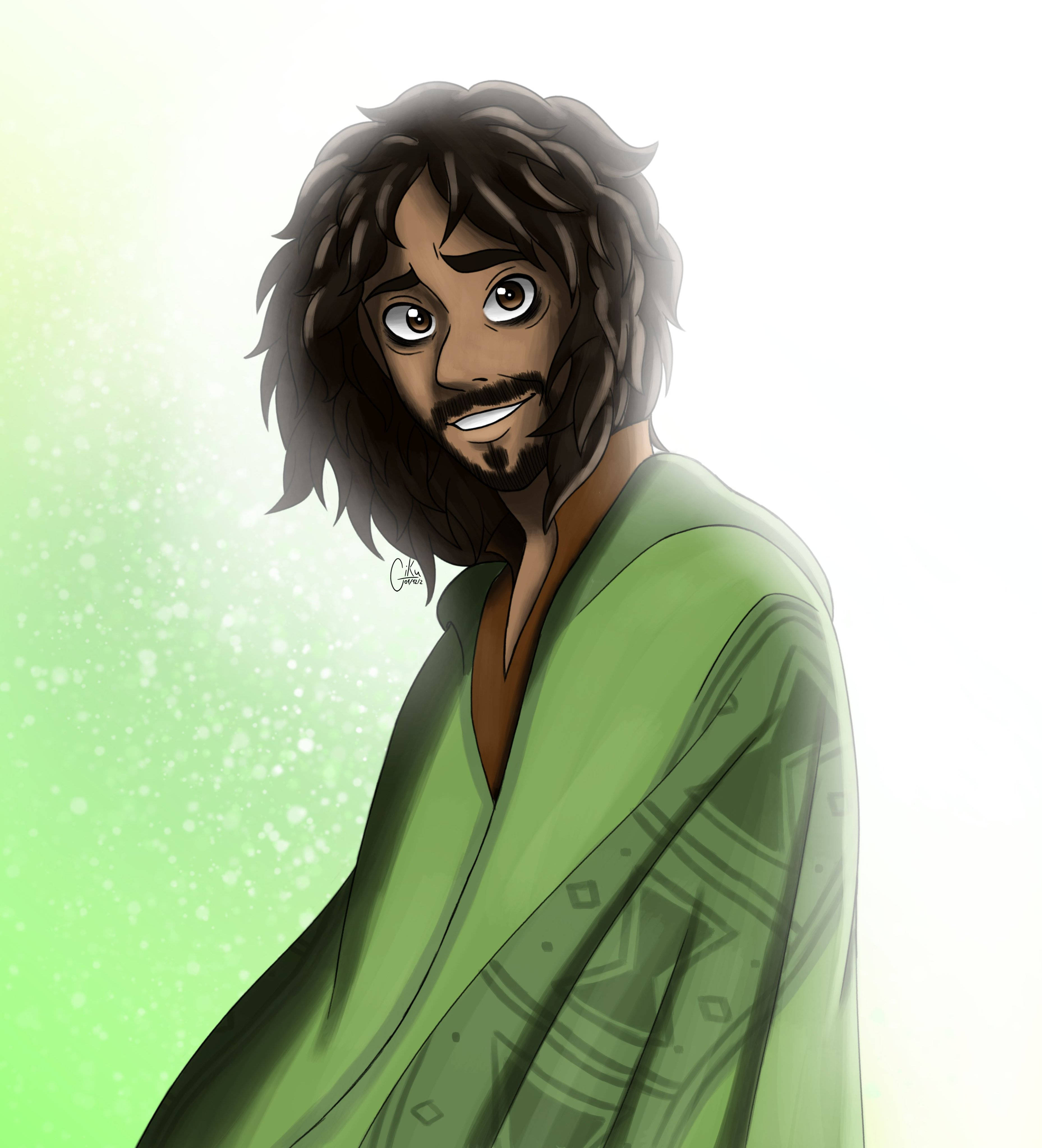 Bruno Madrigal, green robe, long dark hair, 4K Phone Wallpaper