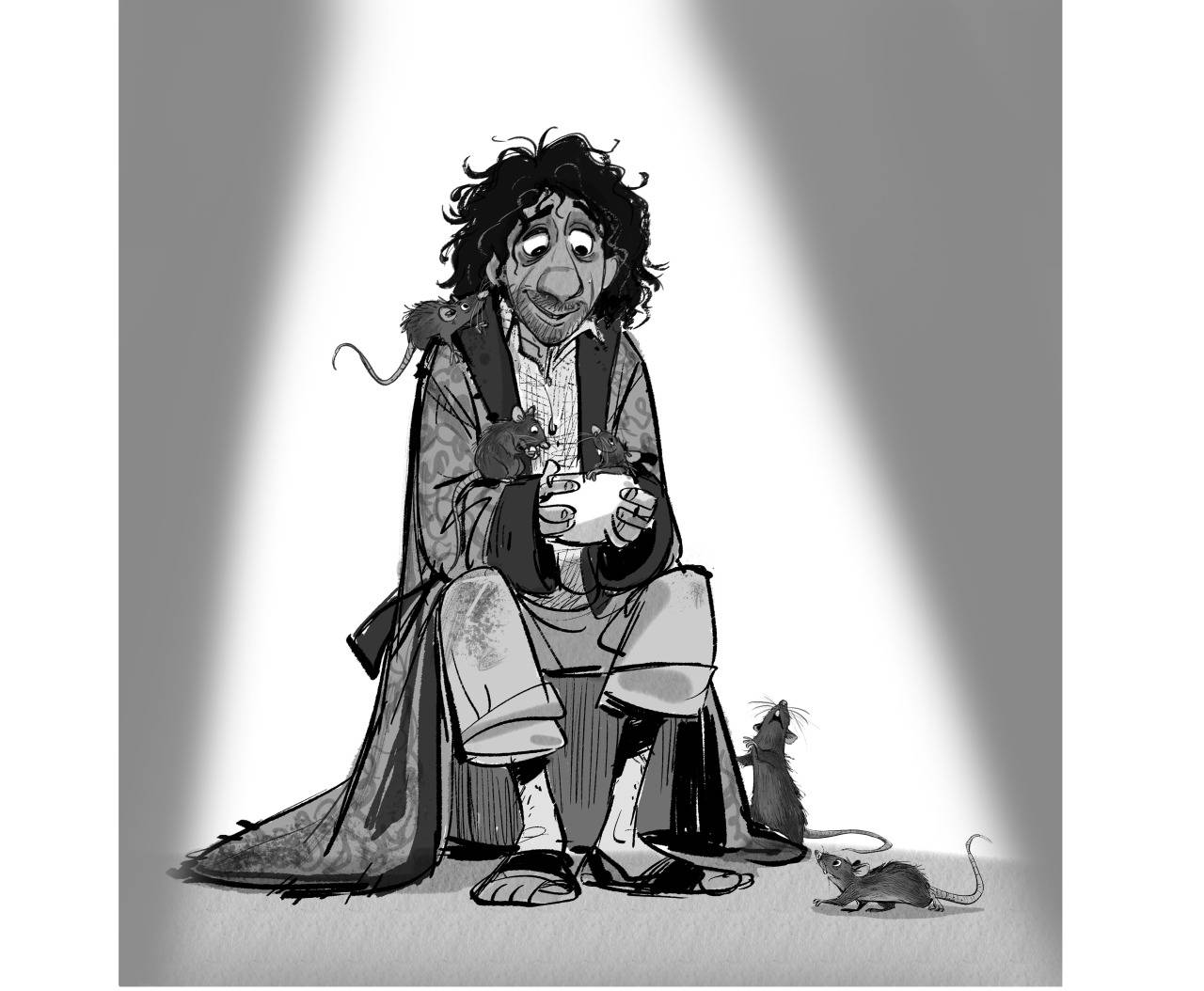 Bruno Madrigal, black and white illustration, curly hair, HD Desktop Wallpaper