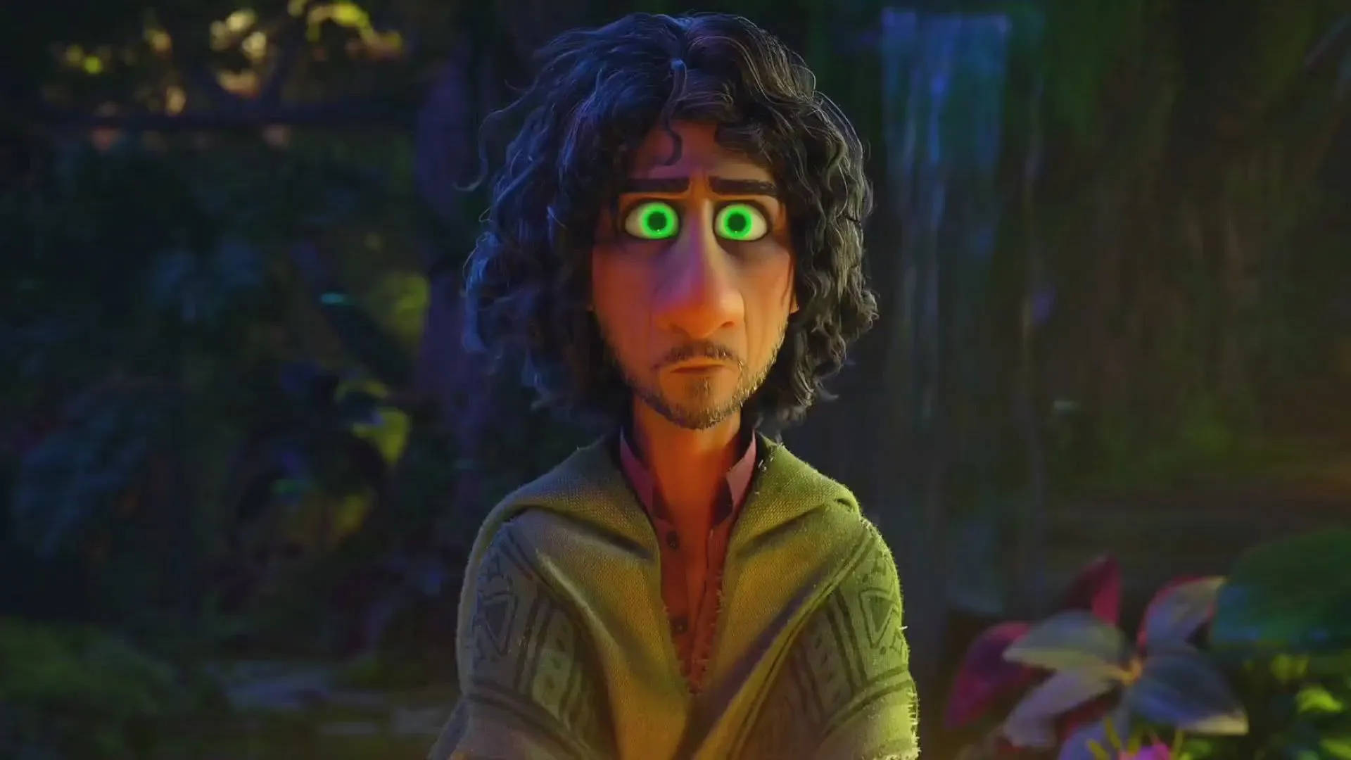 Bruno Madrigal, glowing green eyes, curly dark hair, Full HD Desktop Wallpaper