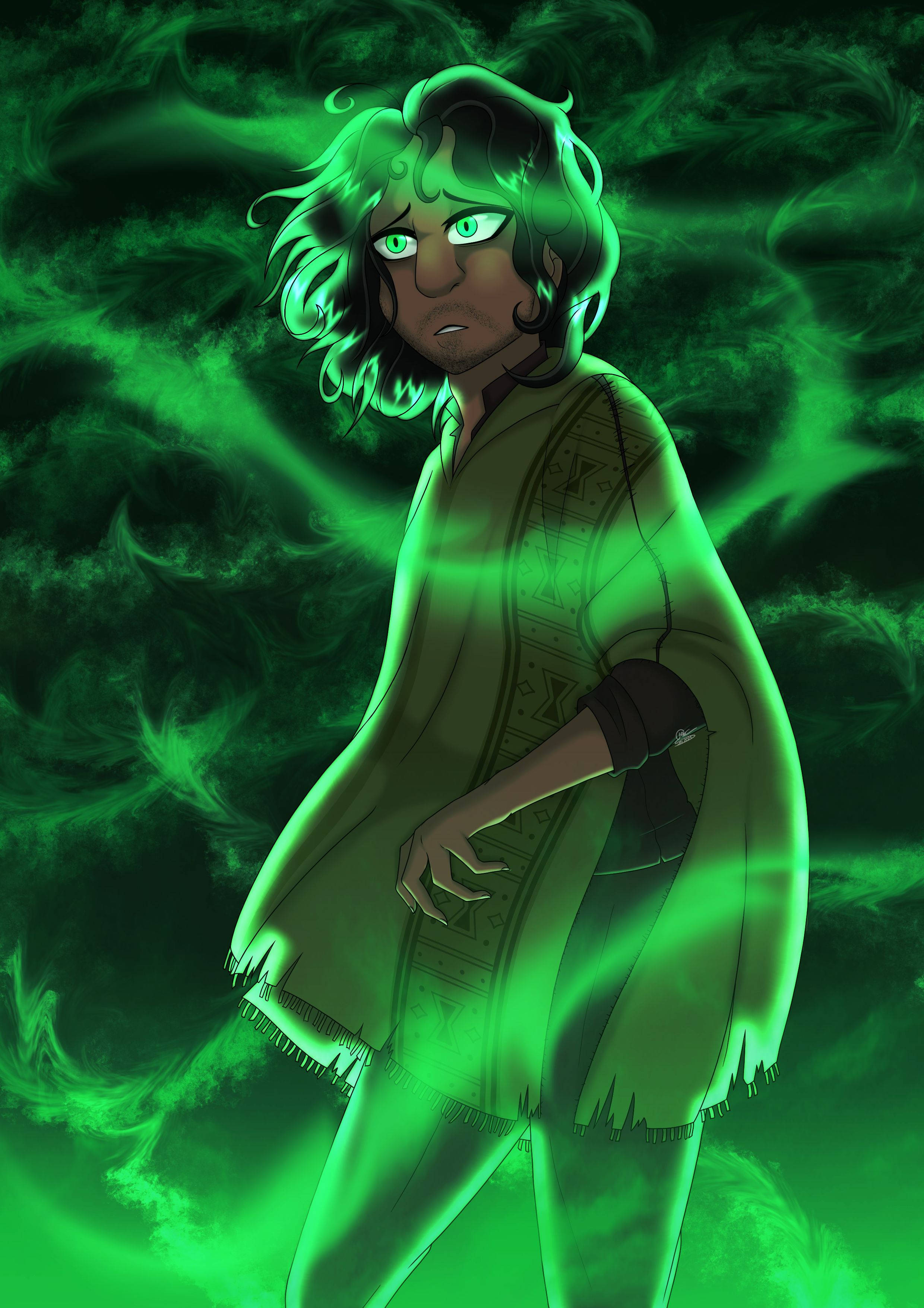 Bruno Madrigal, neon green vision, glowing green-haired, 2K Phone Wallpaper