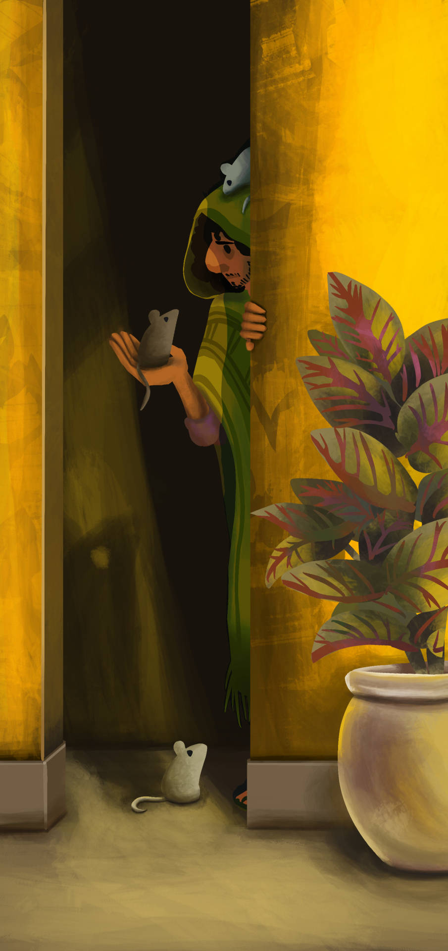 Bruno Madrigal, green hooded robe, golden curtain, Full HD Phone Wallpaper