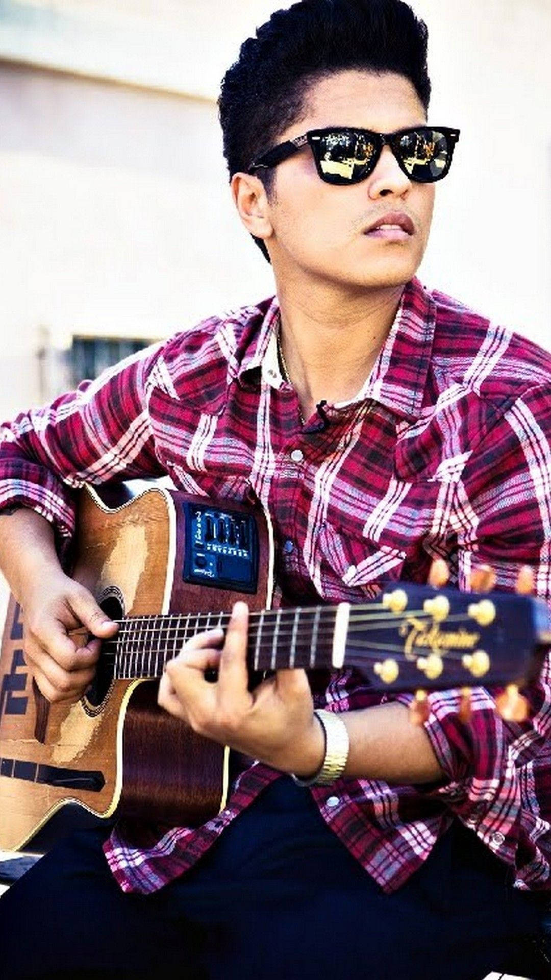 Bruno Mars, acoustic guitar, red plaid shirt, Full HD Phone Wallpaper