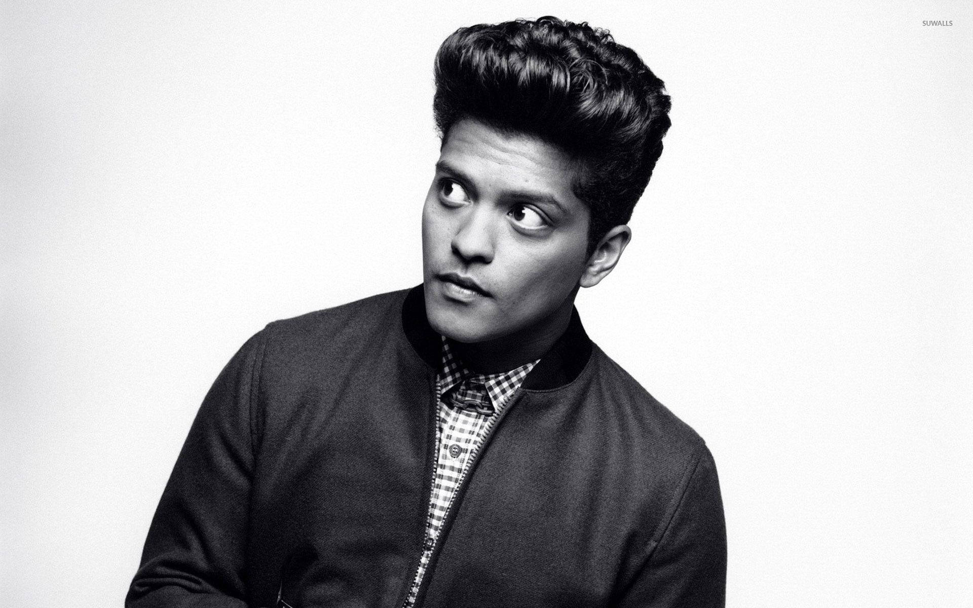 Bruno Mars, bomber jacket, black and white portrait, Full HD Desktop Wallpaper