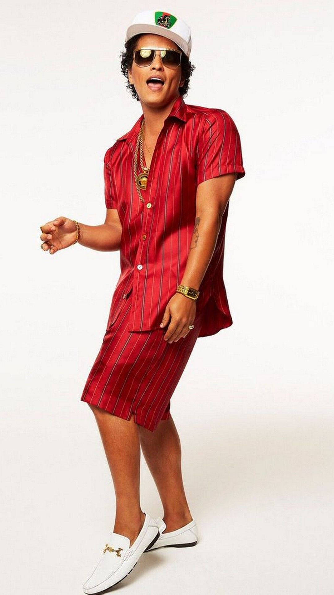 24k Magic outfit, red pinstripe outfit, white cap, Full HD Phone Wallpaper