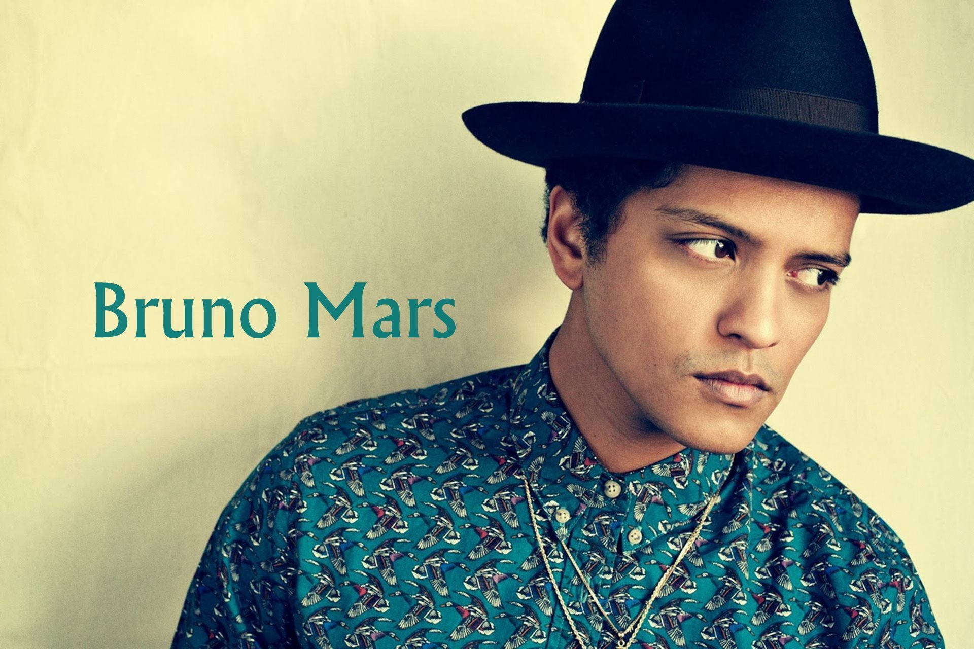 Bruno Mars, black fedora, patterned teal shirt, Full HD Desktop Wallpaper