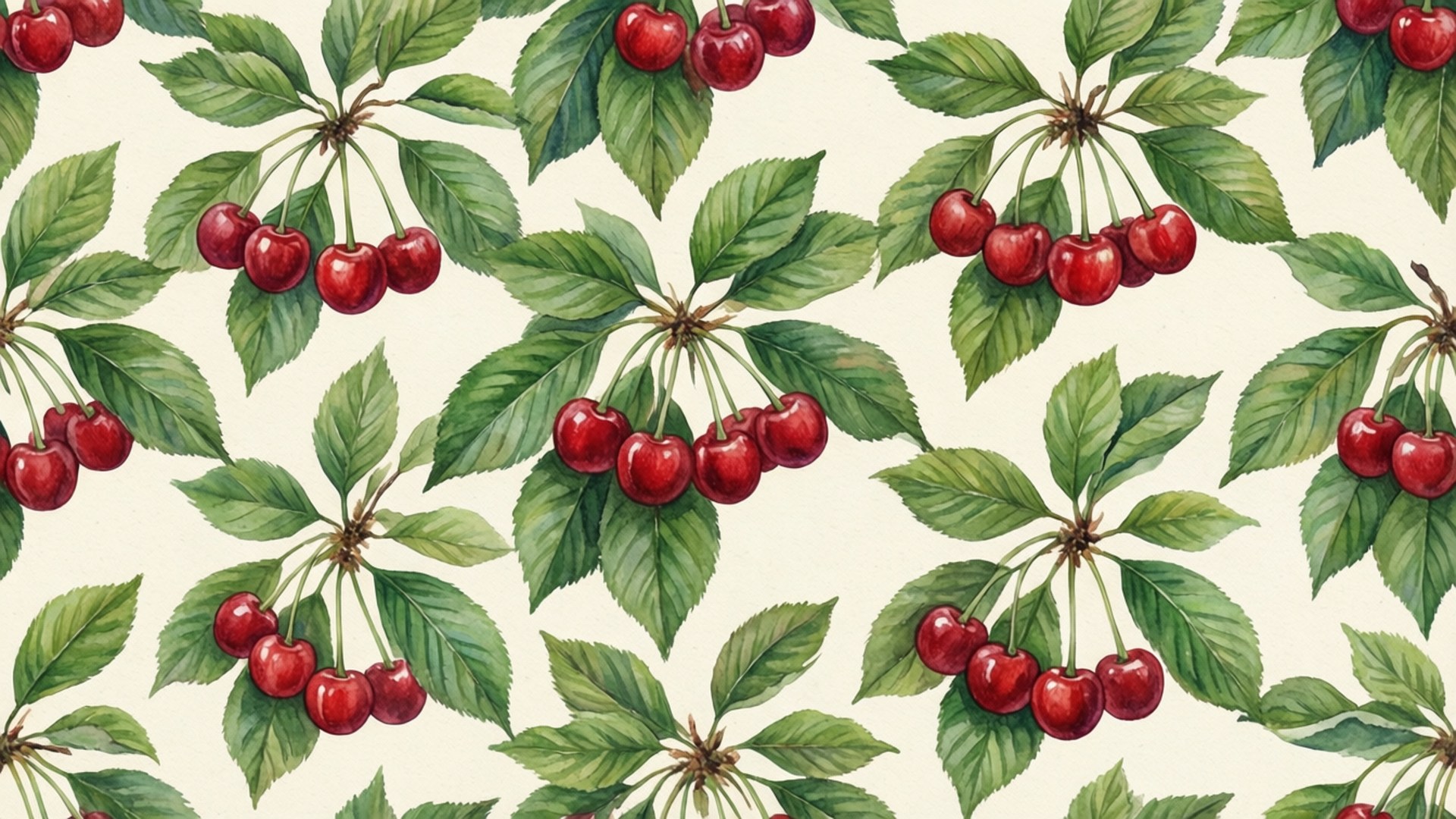 Watercolor Brush Cherry Pattern, ripe red cherries, lush green leaves, Full HD Desktop Wallpaper