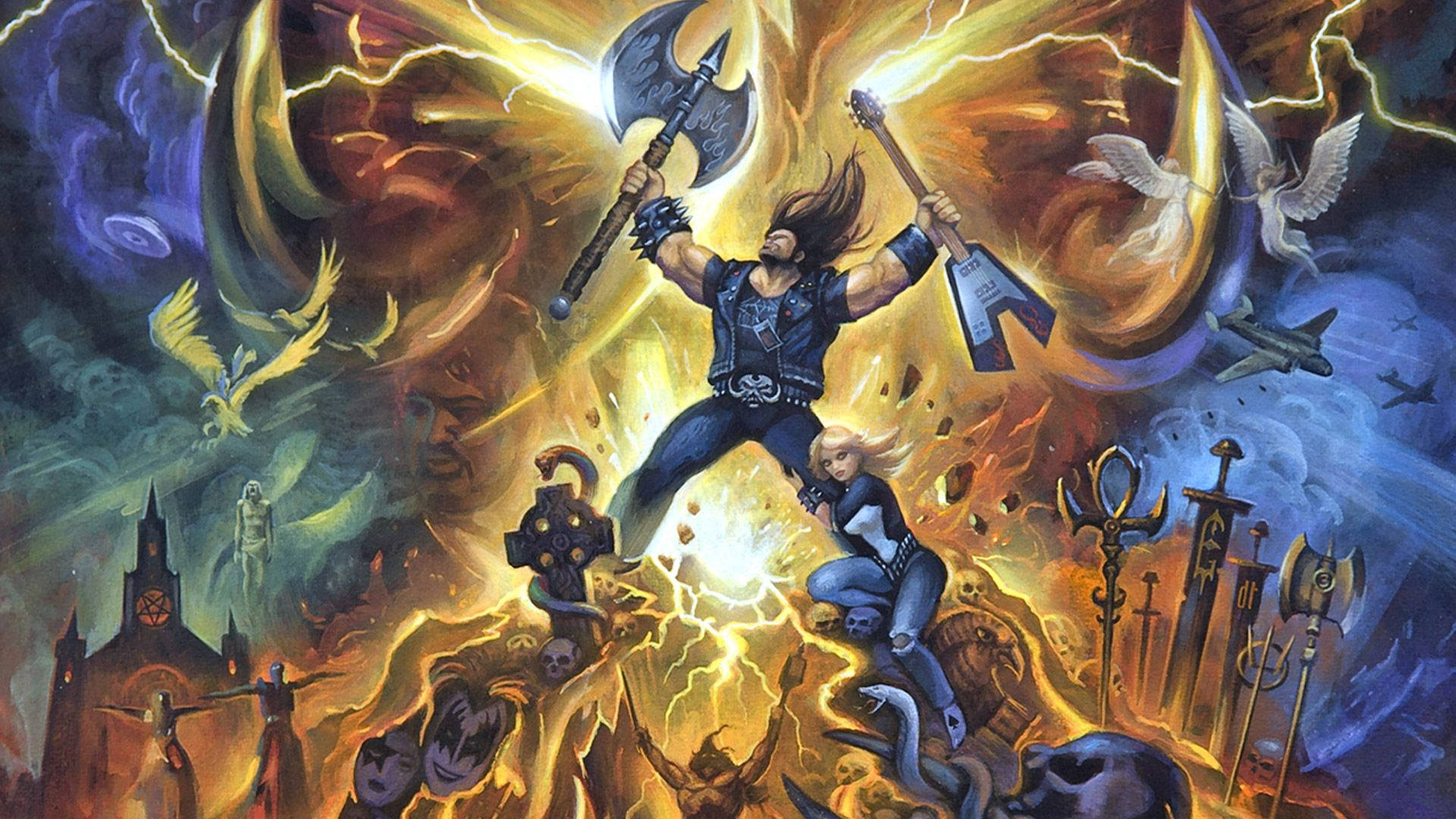 Brutal Legend, comic lightning, axe, Full HD Desktop Wallpaper