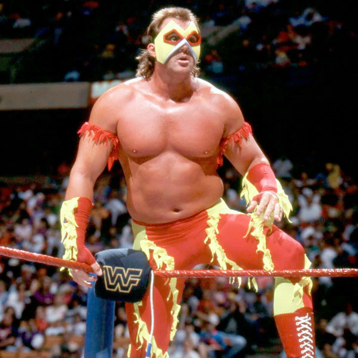 Brutus Beefcake, yellow and red flame-themed costume, mask, SD Desktop Wallpaper