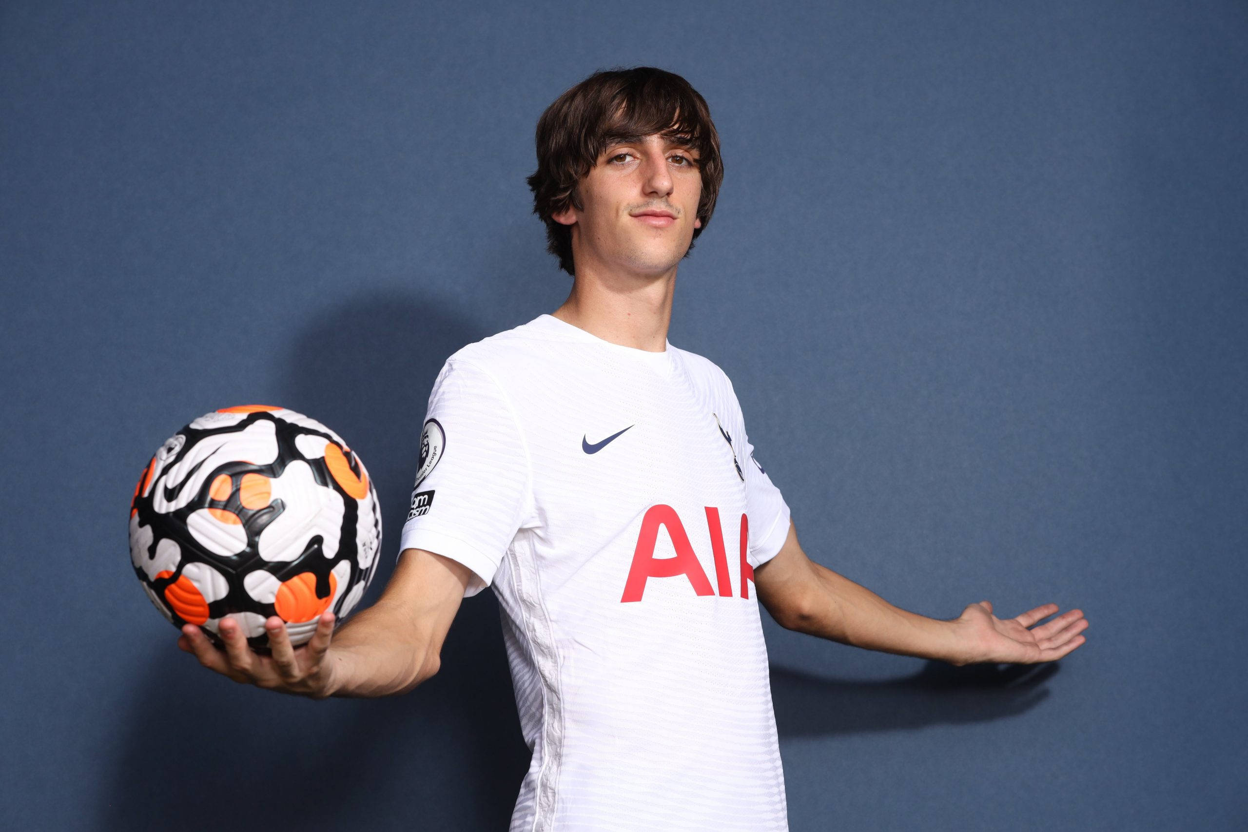 Bryan Gil, white Tottenham jersey, black orange and white soccer ball, 2K Desktop Wallpaper