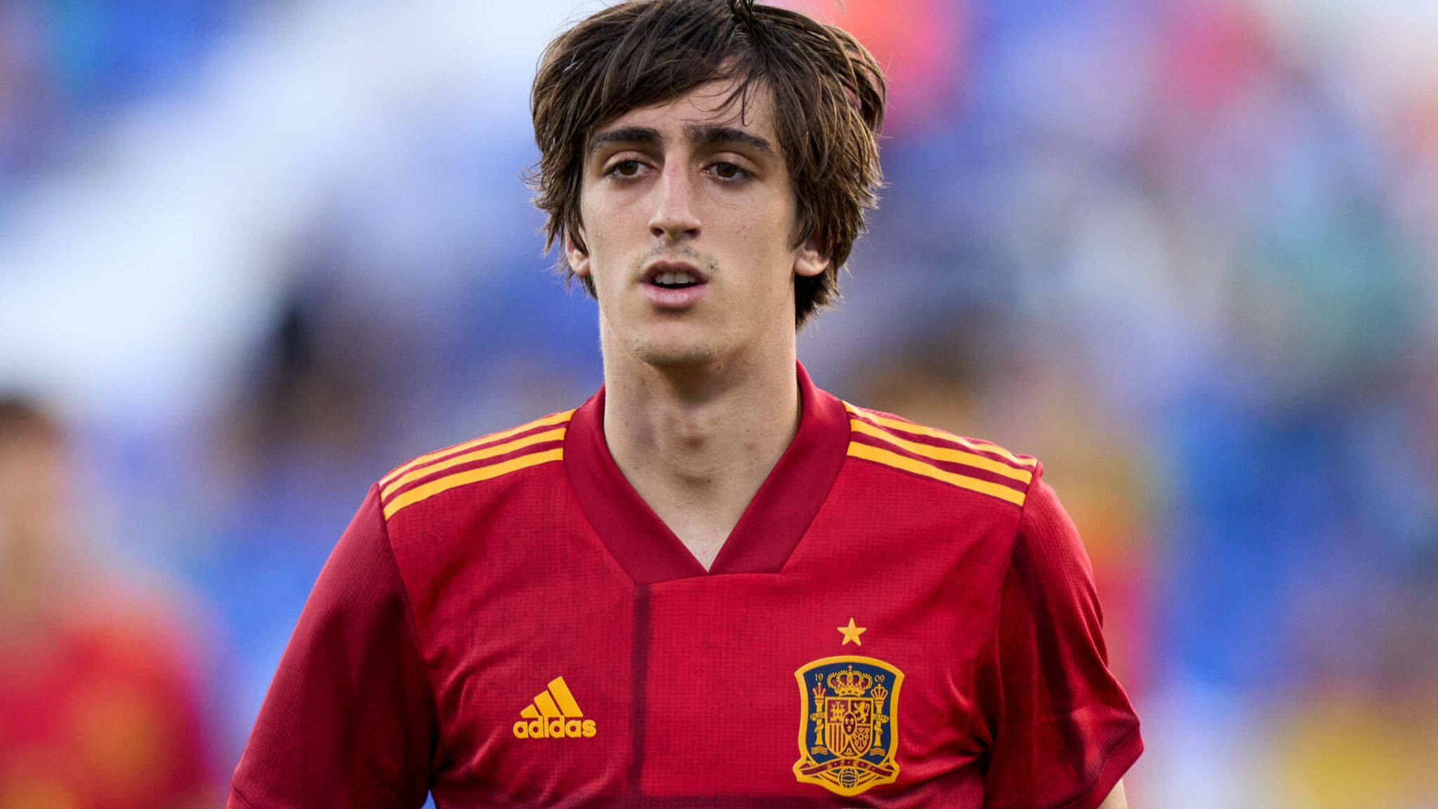Bryan Gil, red Spain national team jersey, sunlit field, Full HD Desktop Wallpaper
