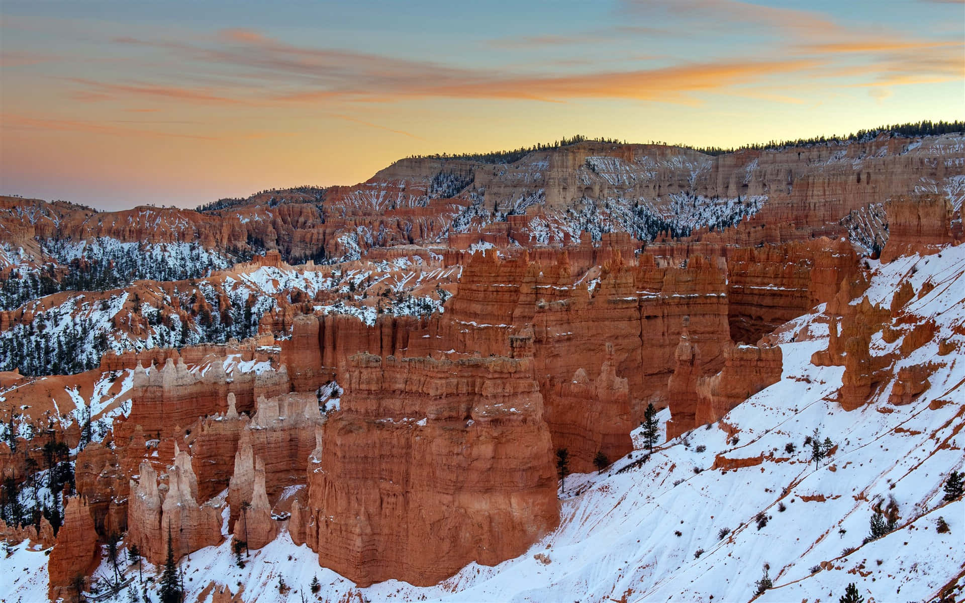 Bryce Canyon National Park, red rock hoodoos, snow, Full HD Desktop Wallpaper