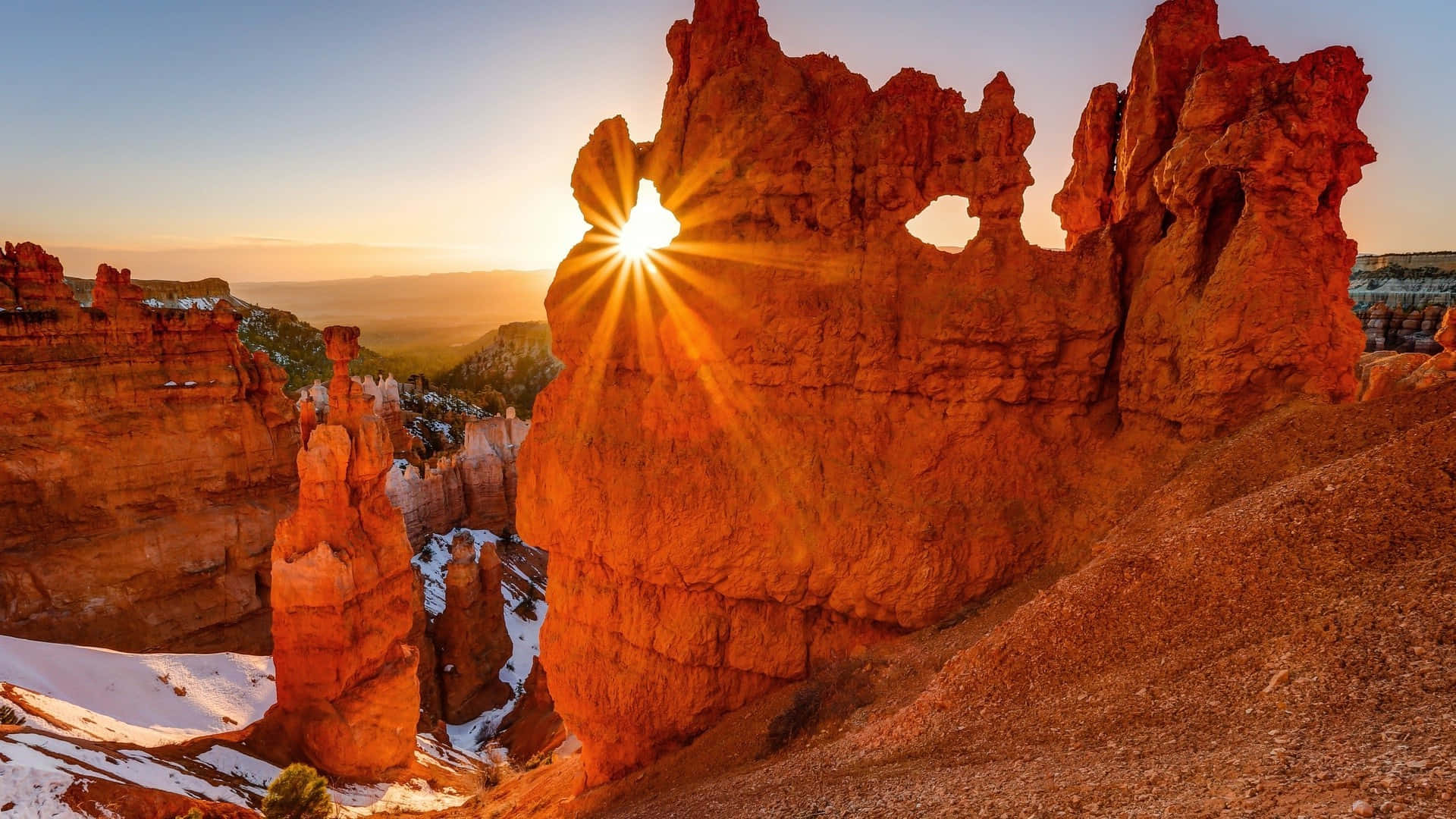 Bryce Canyon National Park, winter sunset, red rock formation, Full HD Desktop Wallpaper