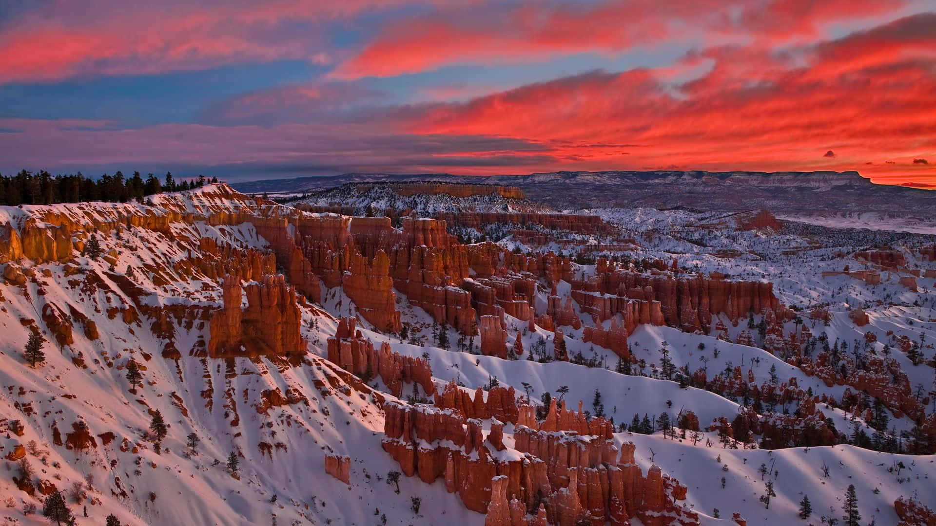 Bryce Canyon National Park, crimson hoodoos, fiery sunset sky, Full HD Desktop Wallpaper