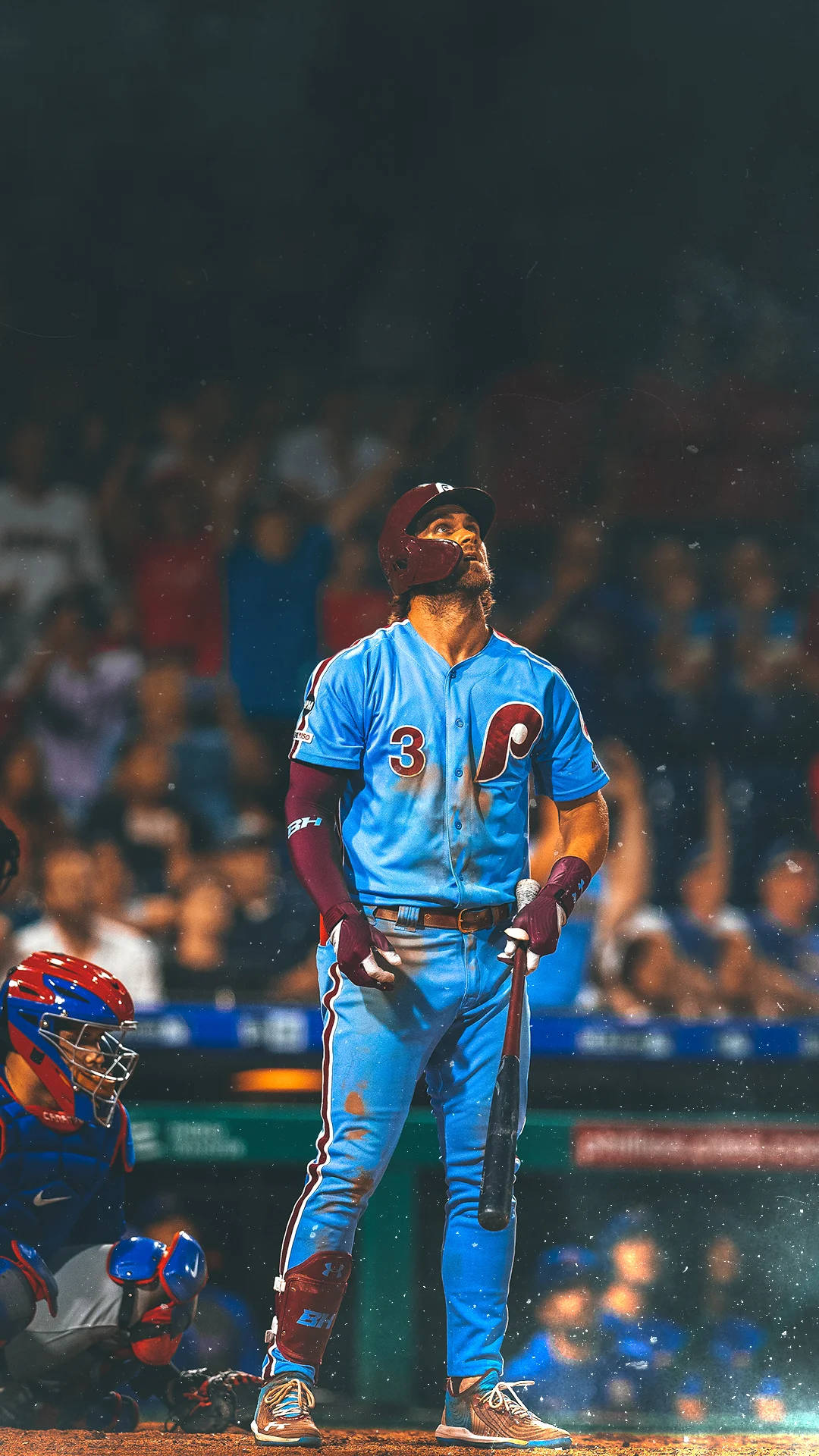 Bryce Harper, blue uniform, stadium lights, Full HD Phone Wallpaper