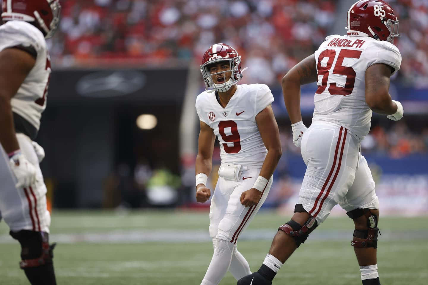 Bryce Young, Alabama quarterback, white and crimson uniforms, HD Desktop Wallpaper