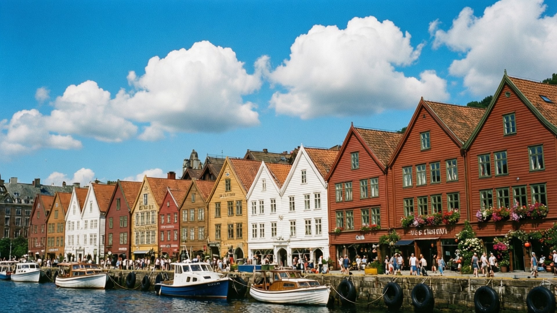 Bryggen, summer, flowers, Full HD Desktop Wallpaper