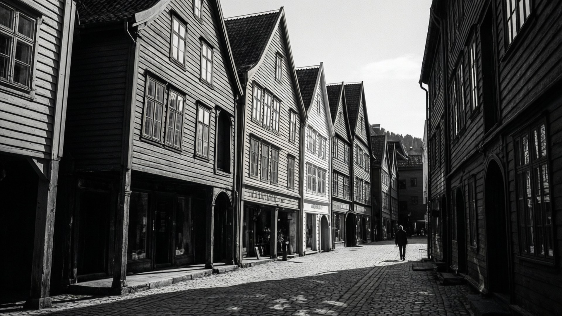 Bryggen, black and white, dramatic shot, Full HD Desktop Wallpaper
