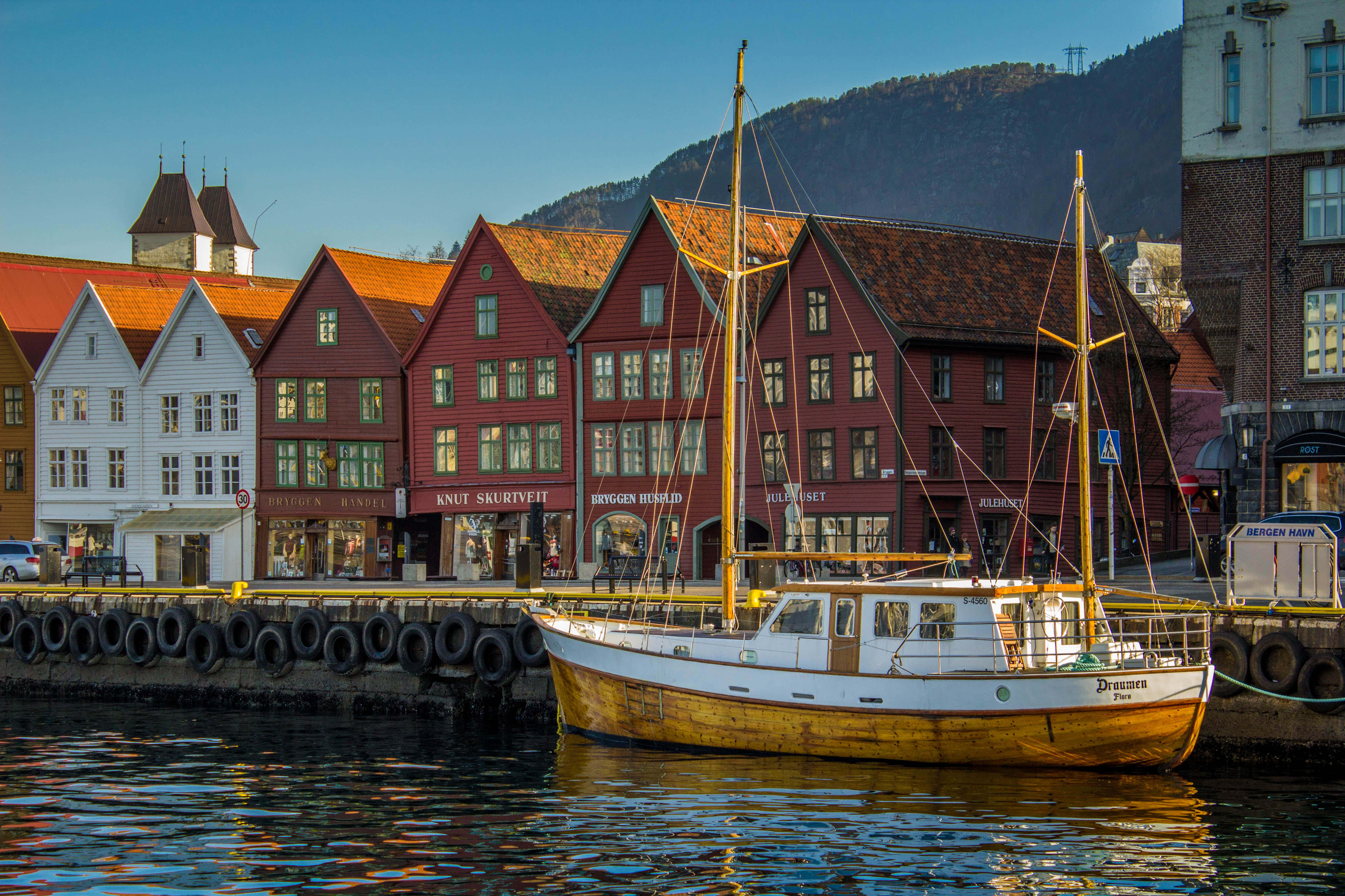 Bryggen, wooden sailboat, harbor, 5K Desktop Wallpaper
