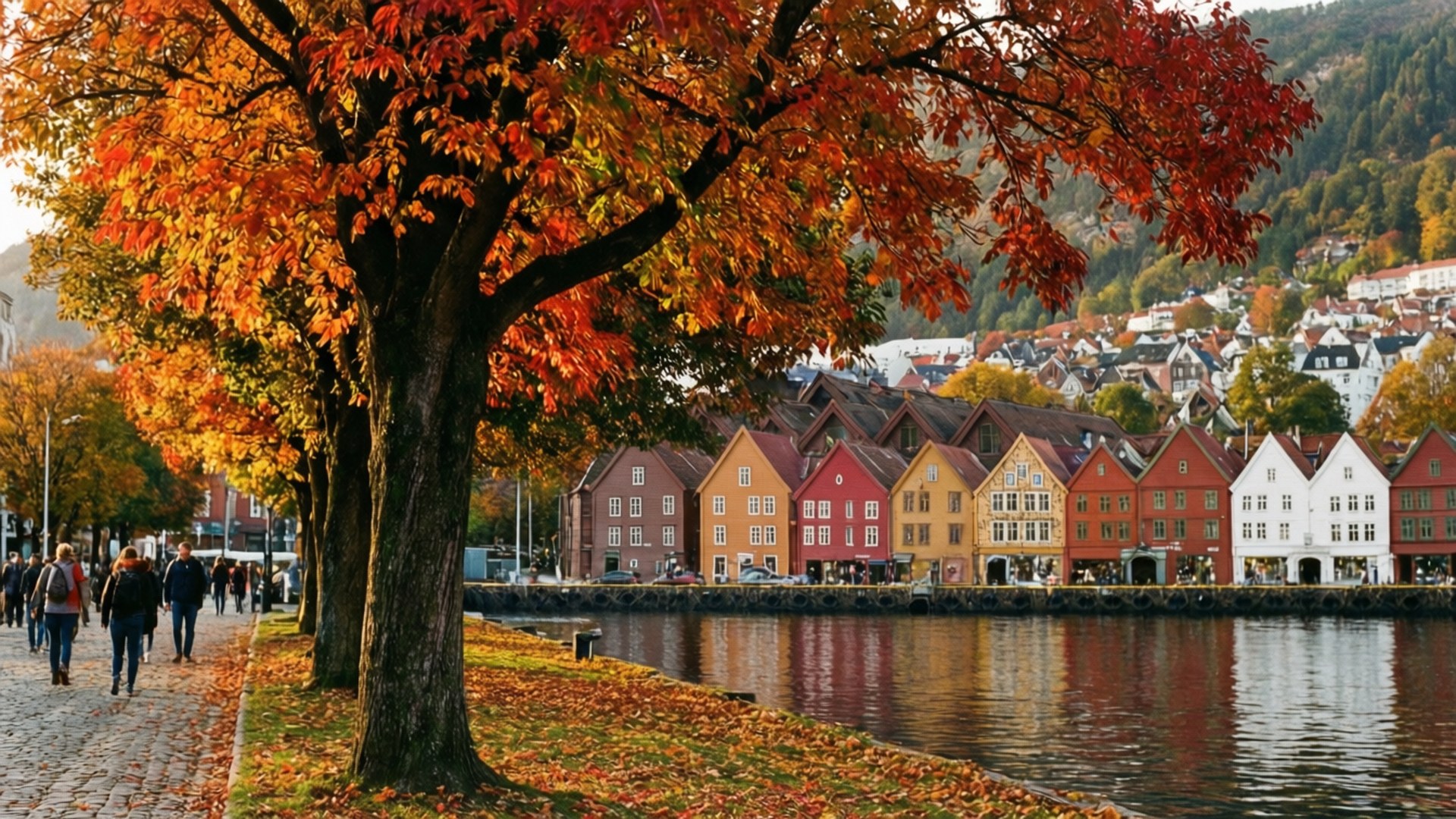 Bryggen, autumn, vibrant foliage, Full HD Desktop Wallpaper