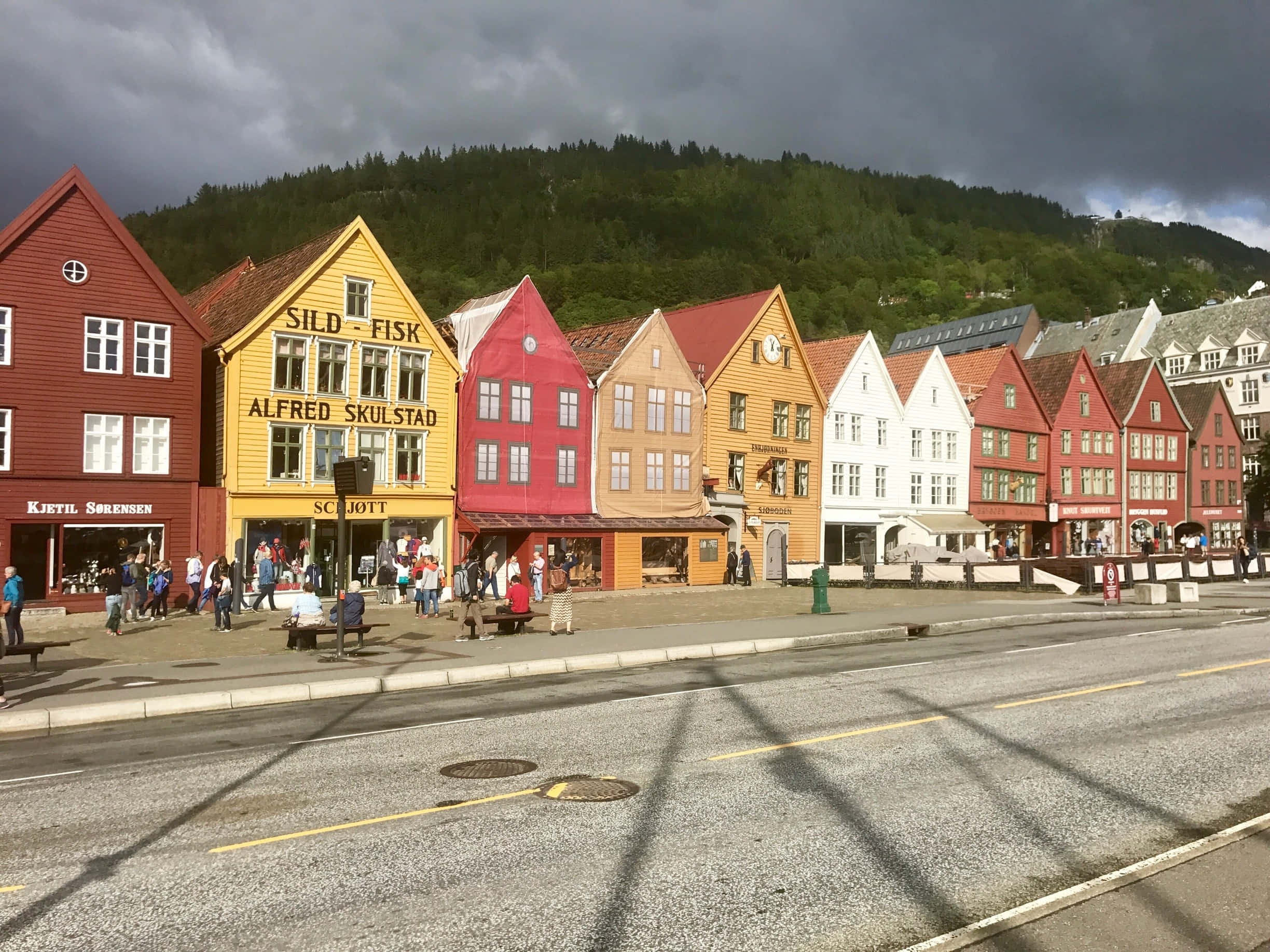 Bryggen, historic Norwegian buildings, waterfront street, Full HD Desktop Wallpaper