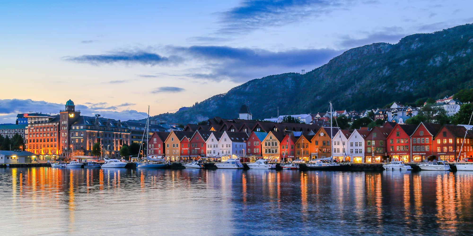 Bryggen, wooden houses, tranquil harbor, Full HD Desktop Wallpaper