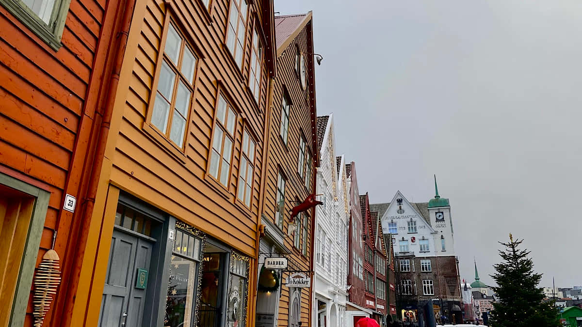 Bryggen, Norwegian wooden houses, orange and white facades, SD Desktop Wallpaper