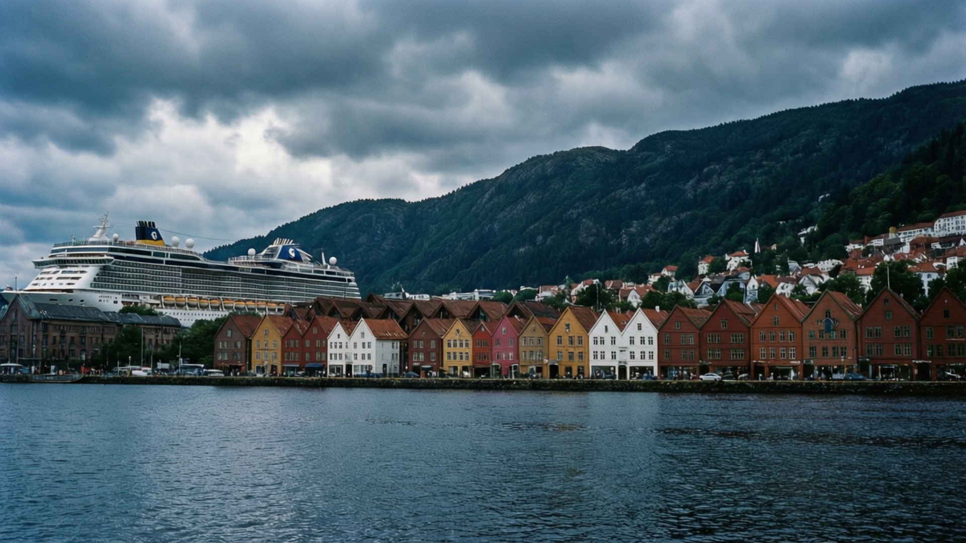 Bryggen, fjord, colorful waterfront houses, Full HD Desktop Wallpaper
