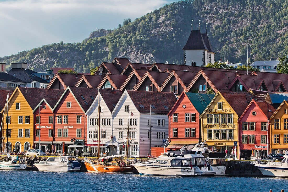 Bryggen, historic Norwegian harbor, colorful wooden houses, SD Desktop Wallpaper