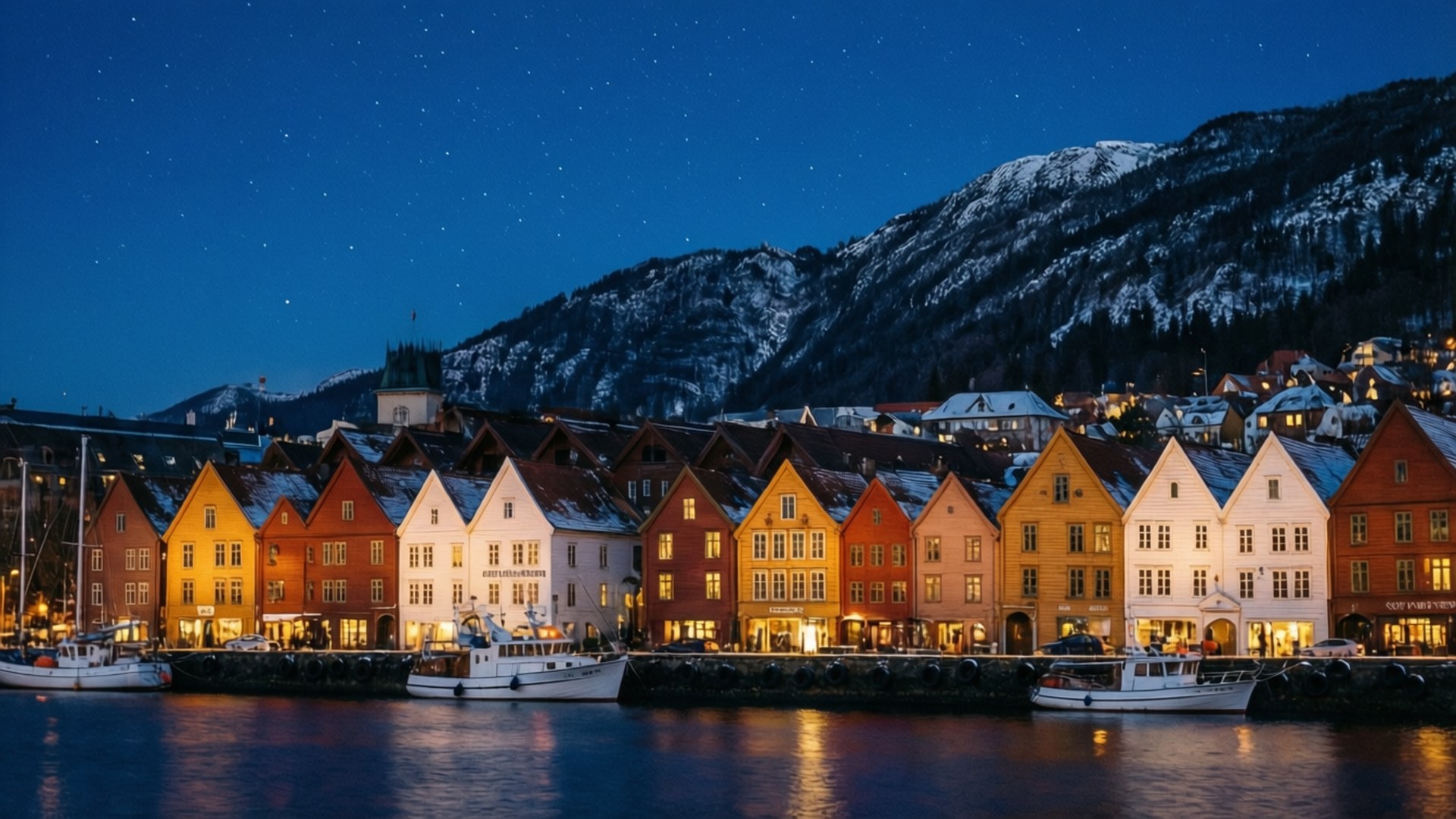 Twilight, Bryggen, lit windows, Full HD Desktop Wallpaper